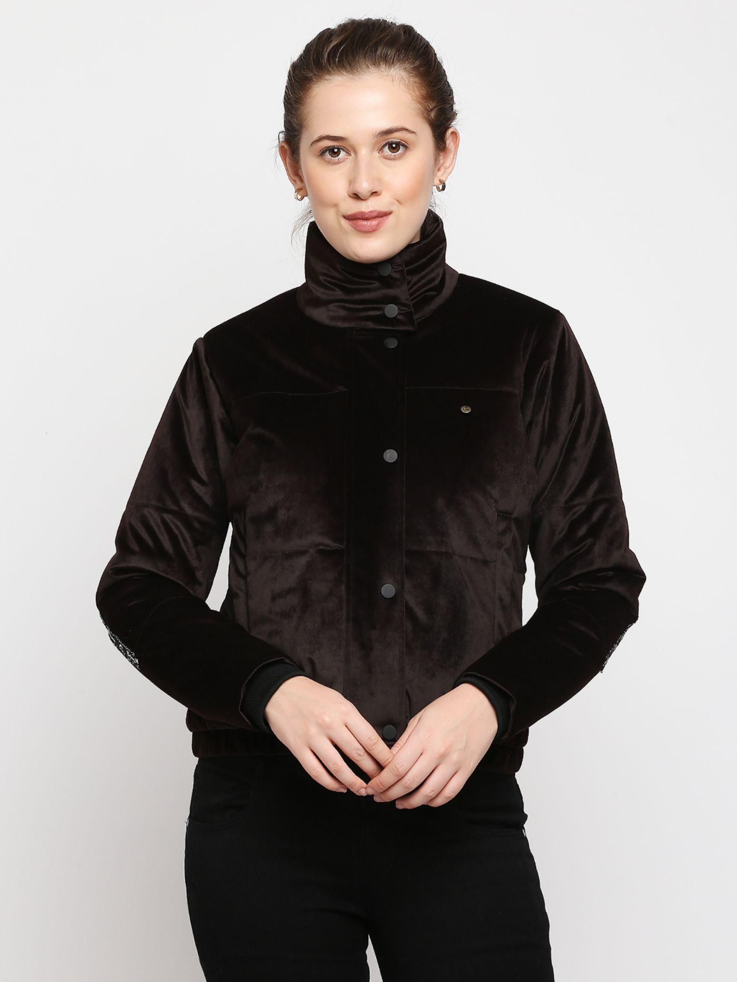 womens brown solid high neck jacket