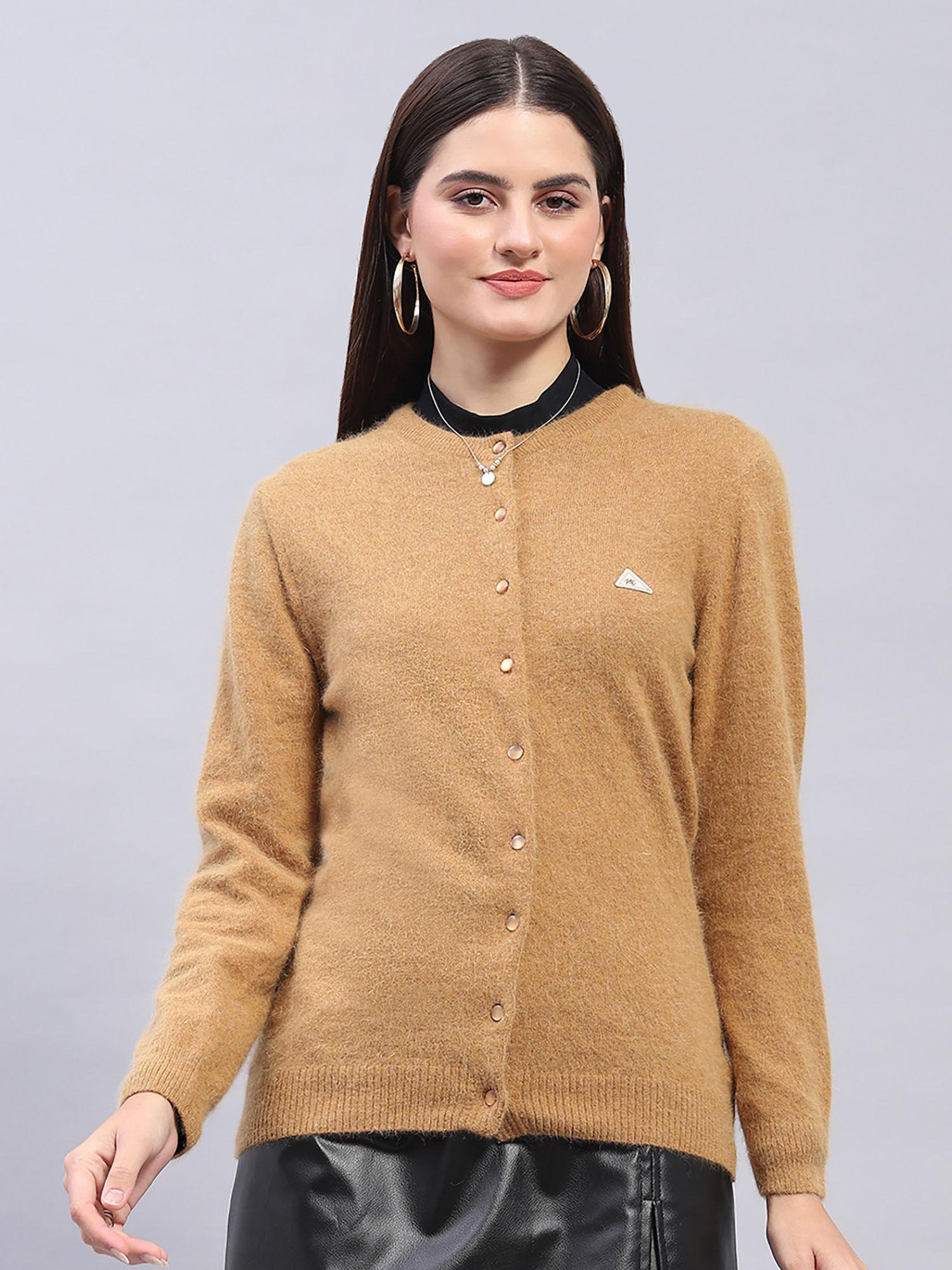 womens brown solid round neck full sleeve wool cardigan