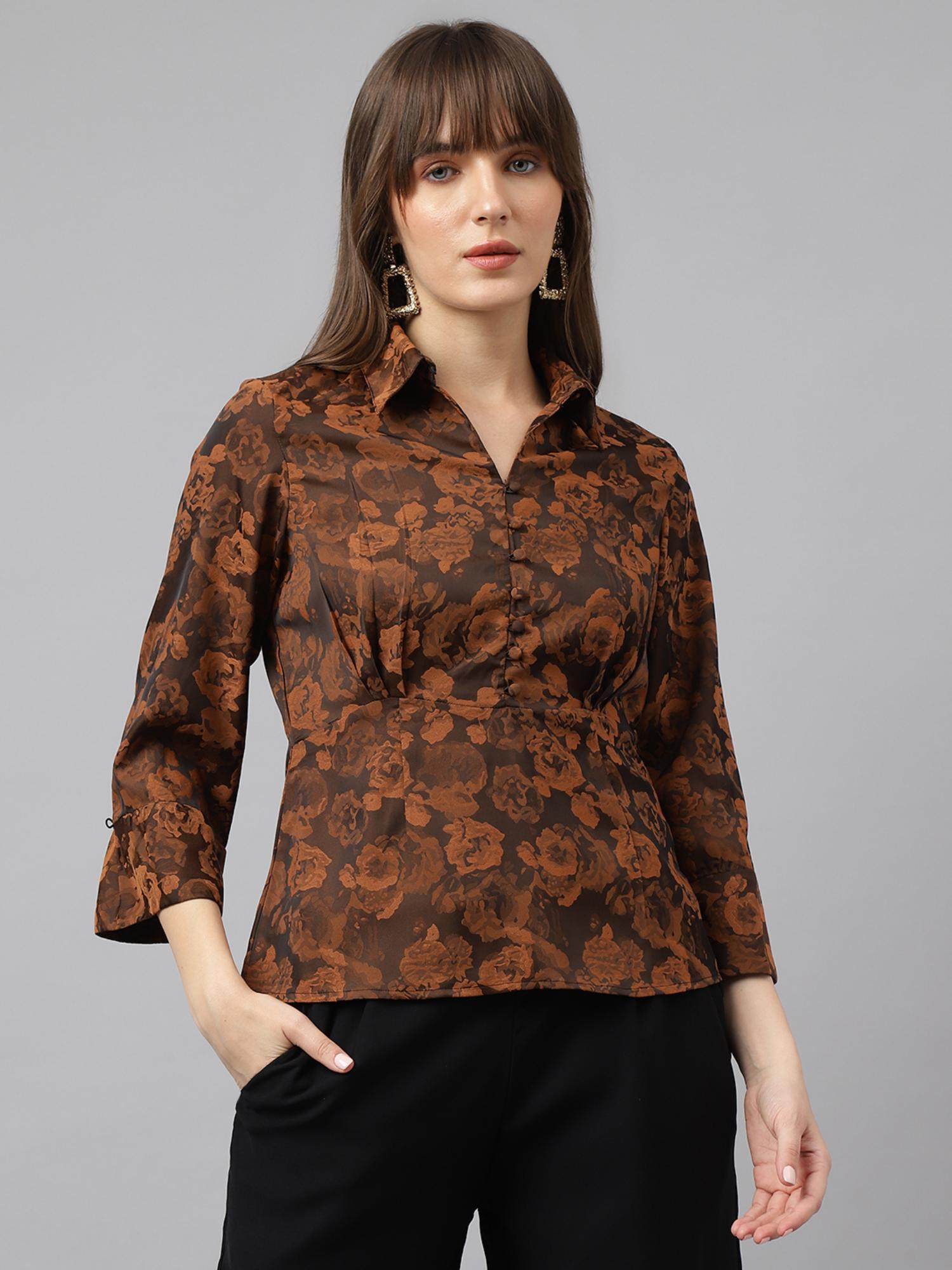 womens brown three fourth sleeves collar casual shirt