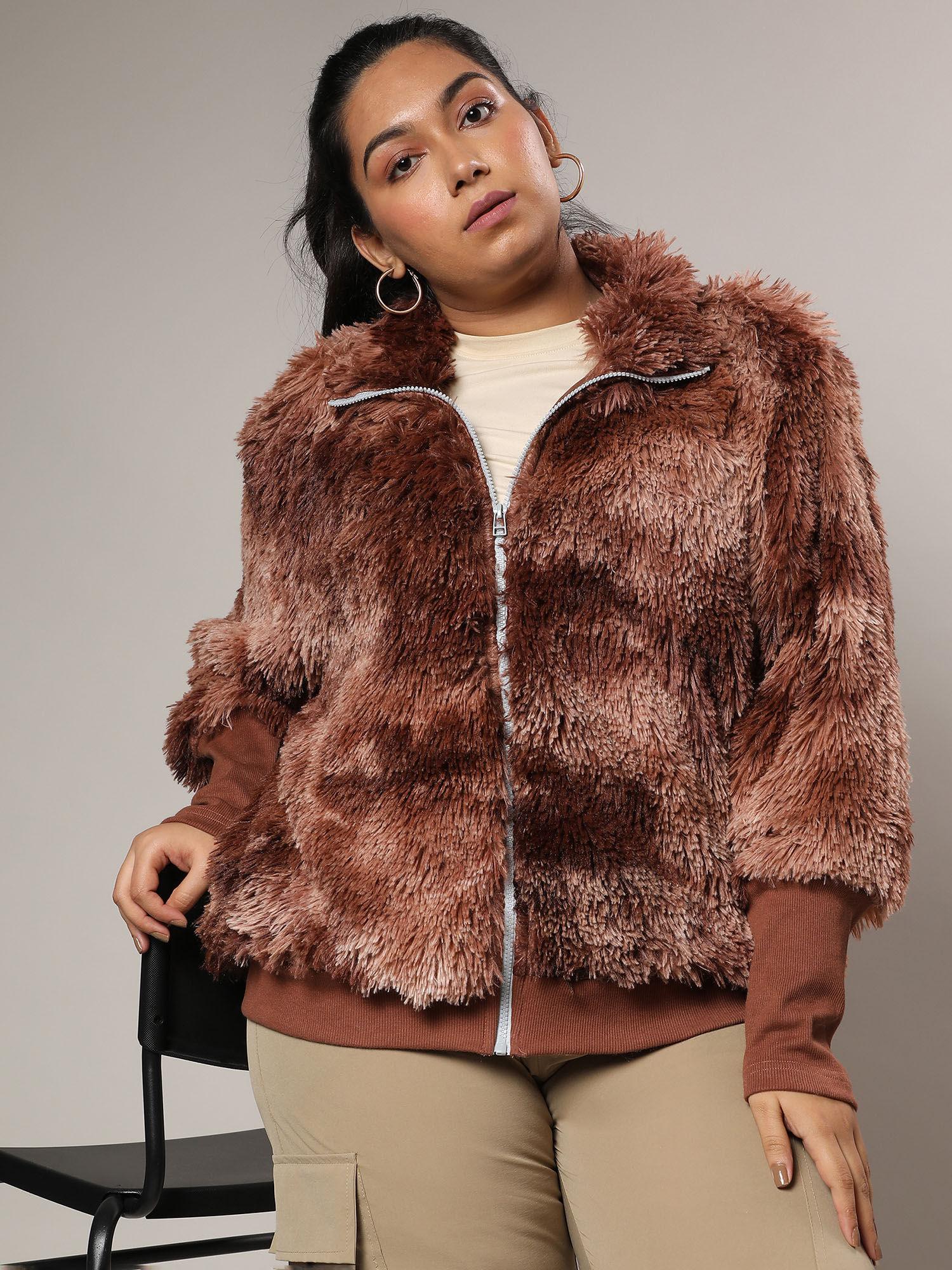 womens brown veined faux fur jacket