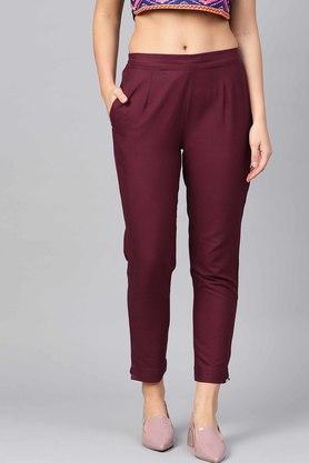 womens burgundy cotton solid straight pants with side pocket - burgundy