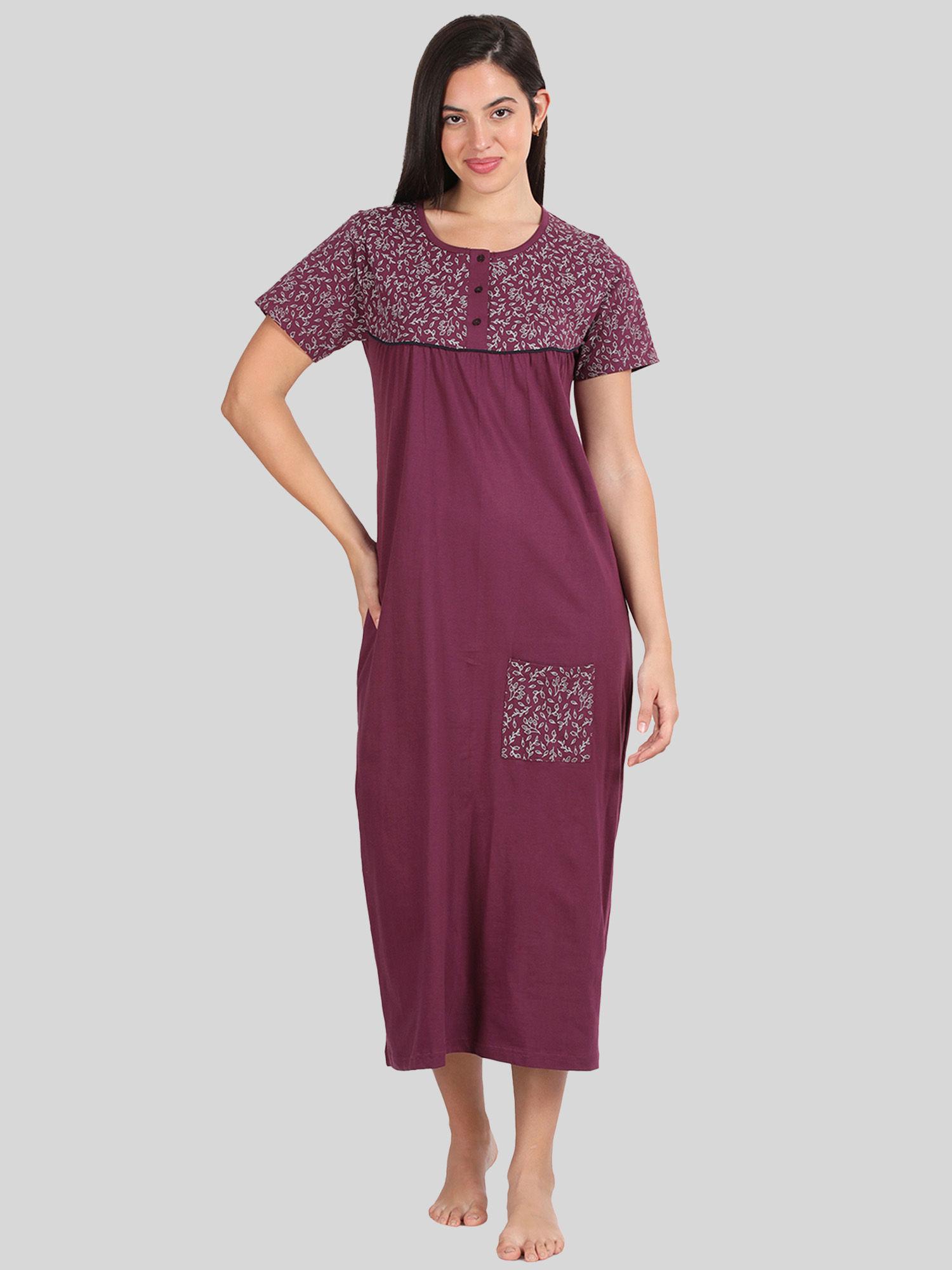 womens burgundy floral printed pure cotton maxi nightdress