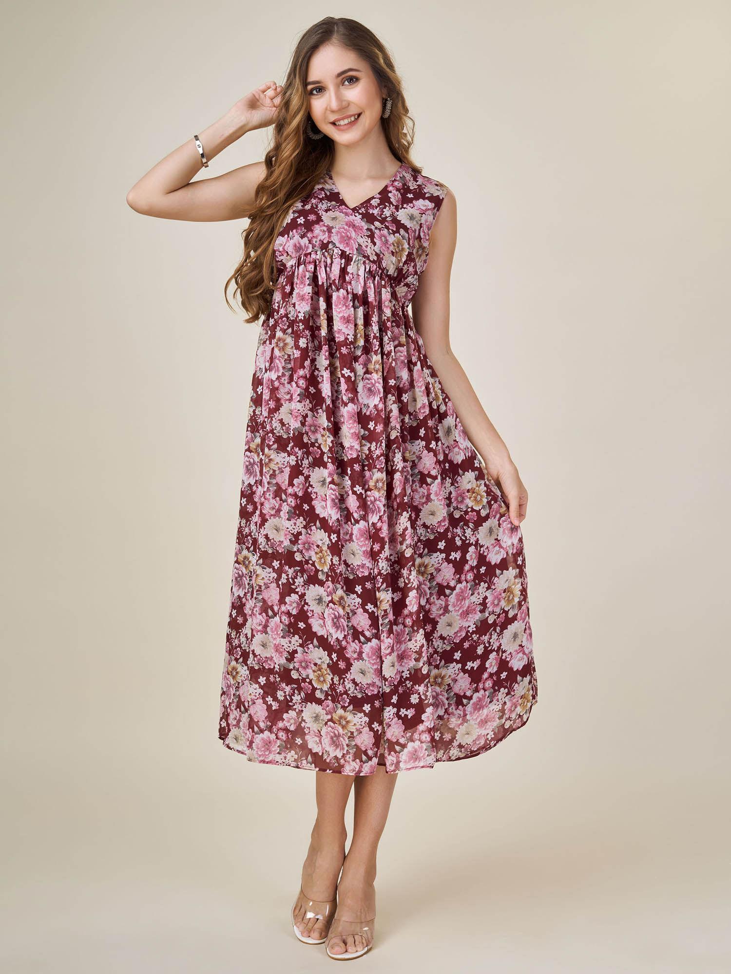 womens burgundy georgette floral printed empire dress