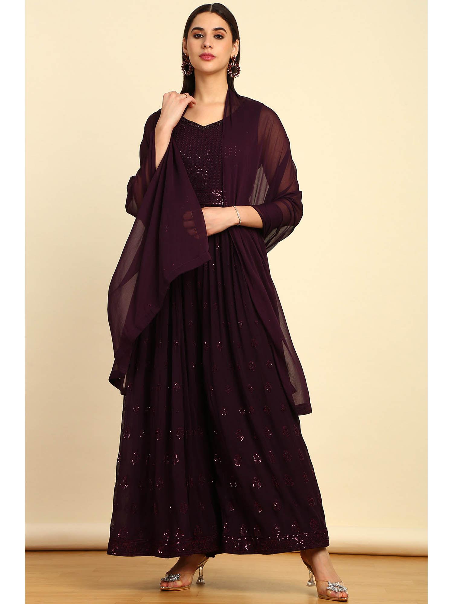 womens burgundy jumpsuit with unstitched sleeves dupatta and belt (set of 4)