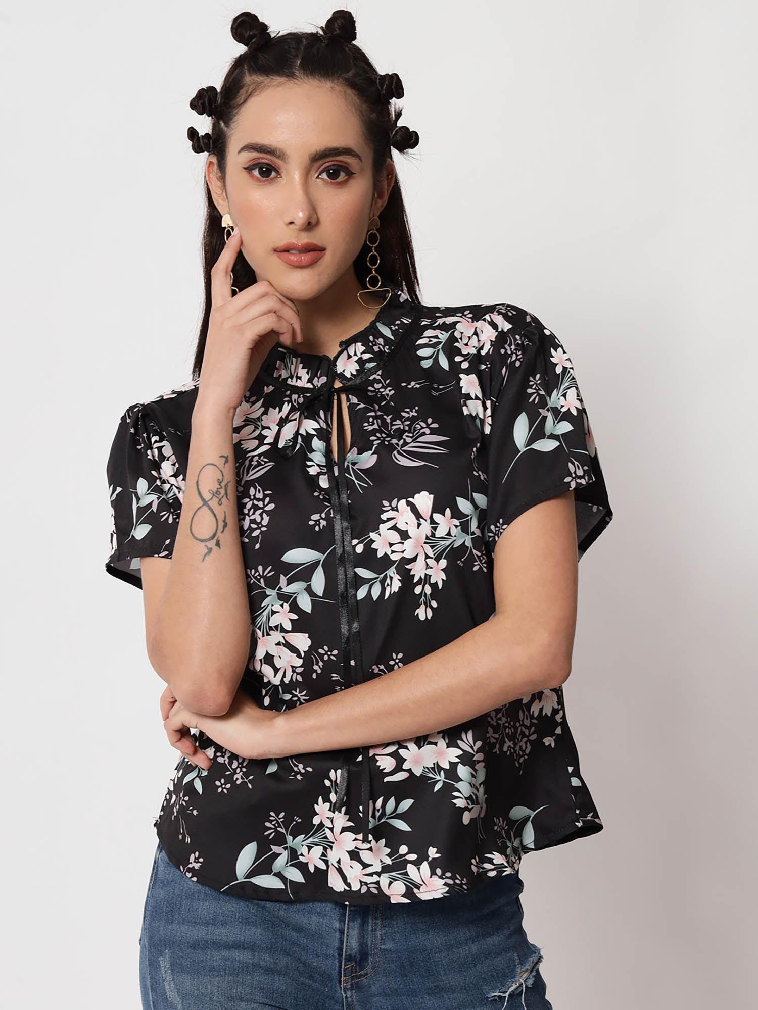 womens butterfly sleeves floral print black top