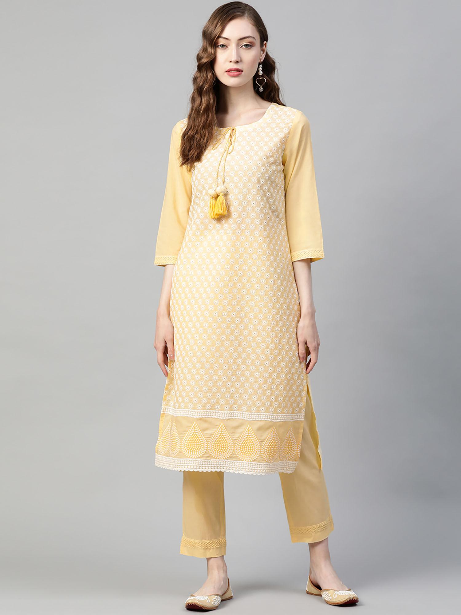 womens cambric embroidered straight kurta trouser yellow (set of 2)