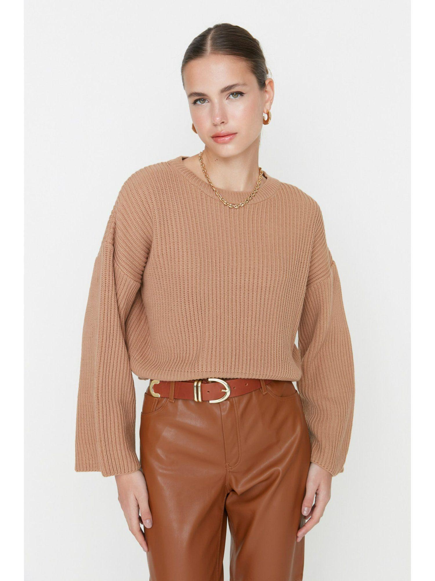 womens camel brown woven sweater