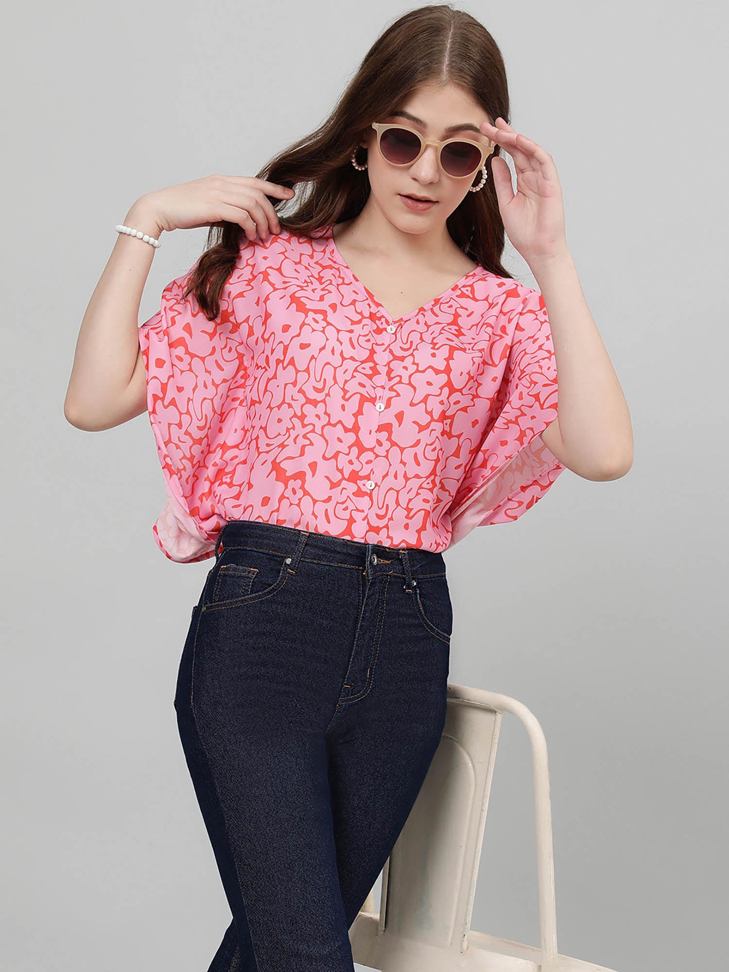 womens casual kimono sleeves printed pink, red top