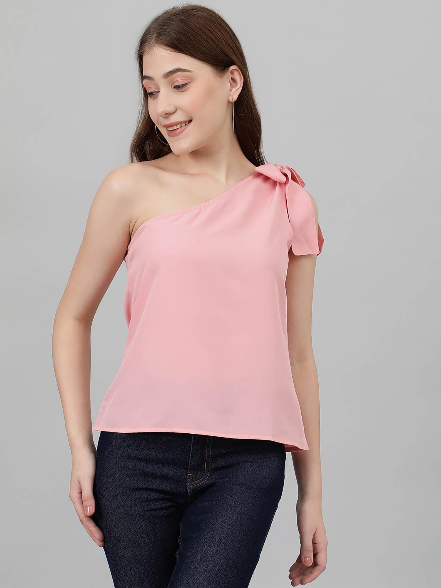 womens casual one shoulder sleeves solid pink top