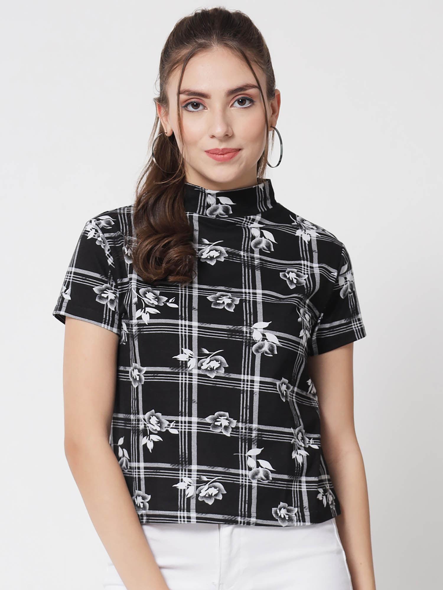 womens casual regular sleeves floral print black top