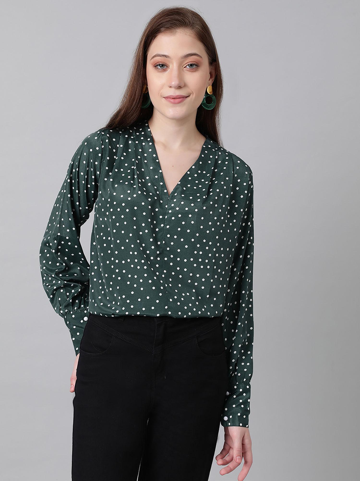 womens casual regular sleeves printed dark green white top