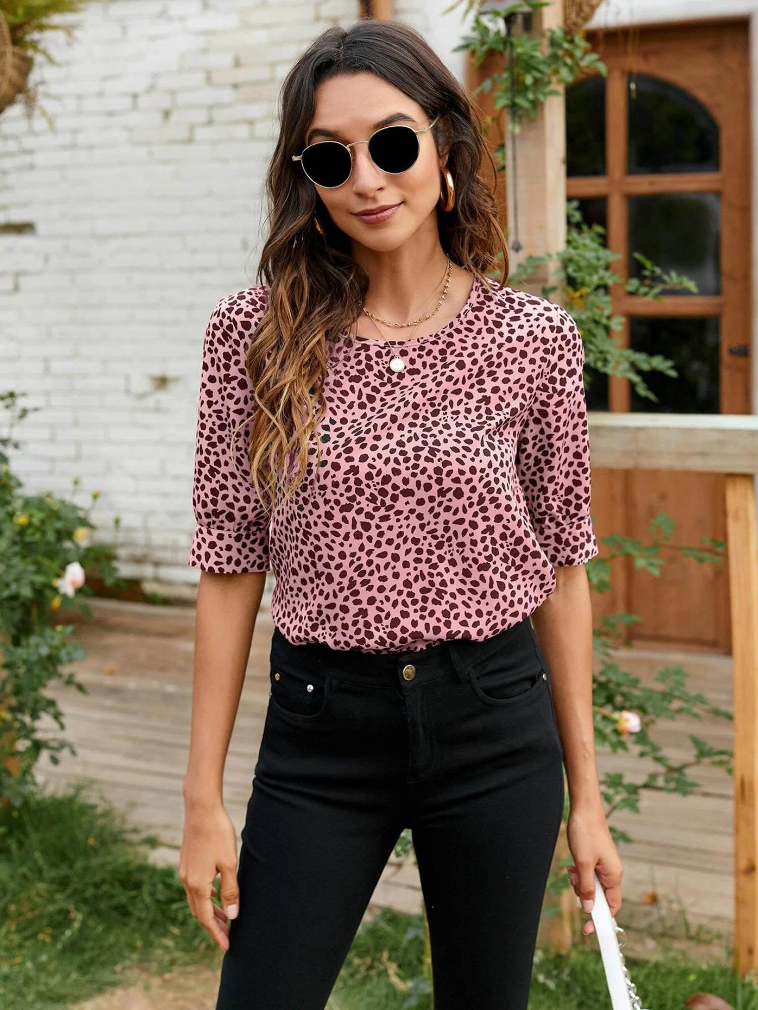 womens casual regular sleeves printed pink, black top