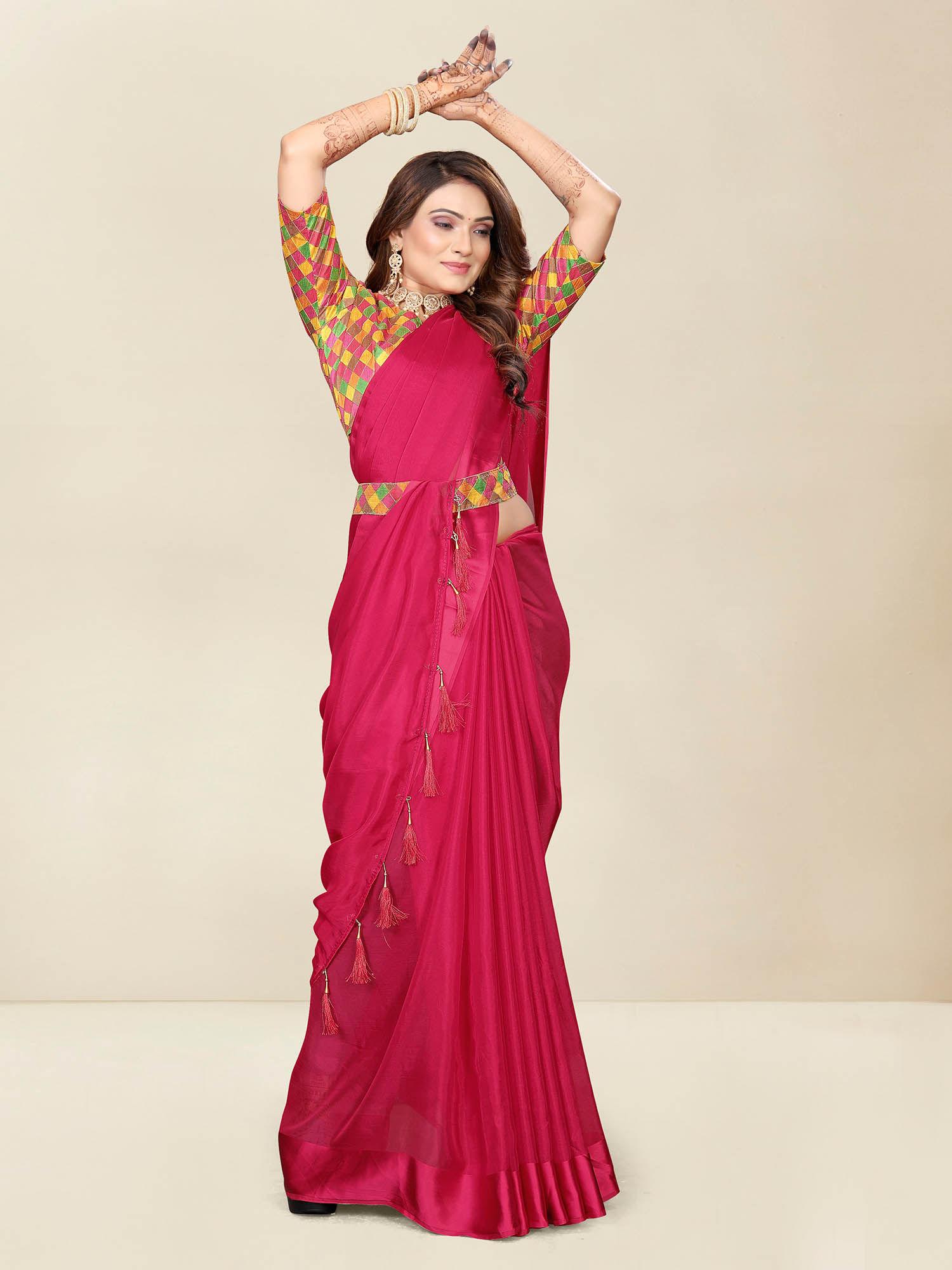 womens casual wear solid chiffon saree with belt with unstitched blouse