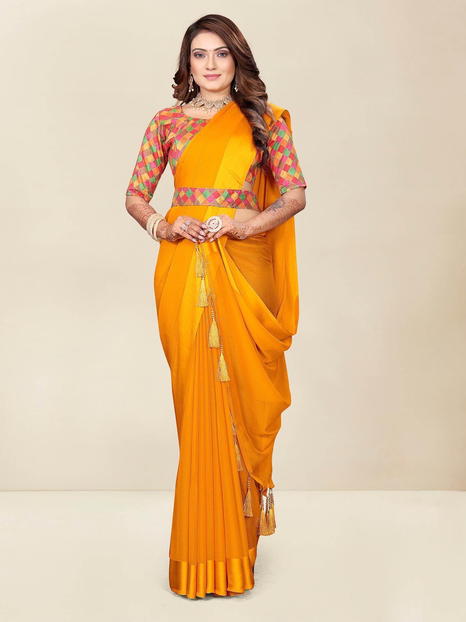 womens casual wear solid chiffon saree with belt with unstitched blouse