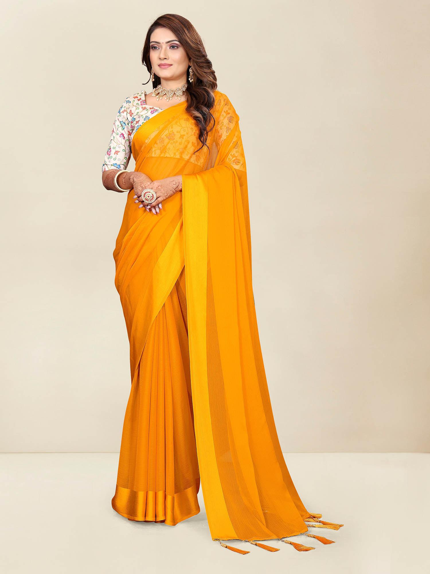 womens casual wear solid chiffon saree with embroidery with unstitched blouse