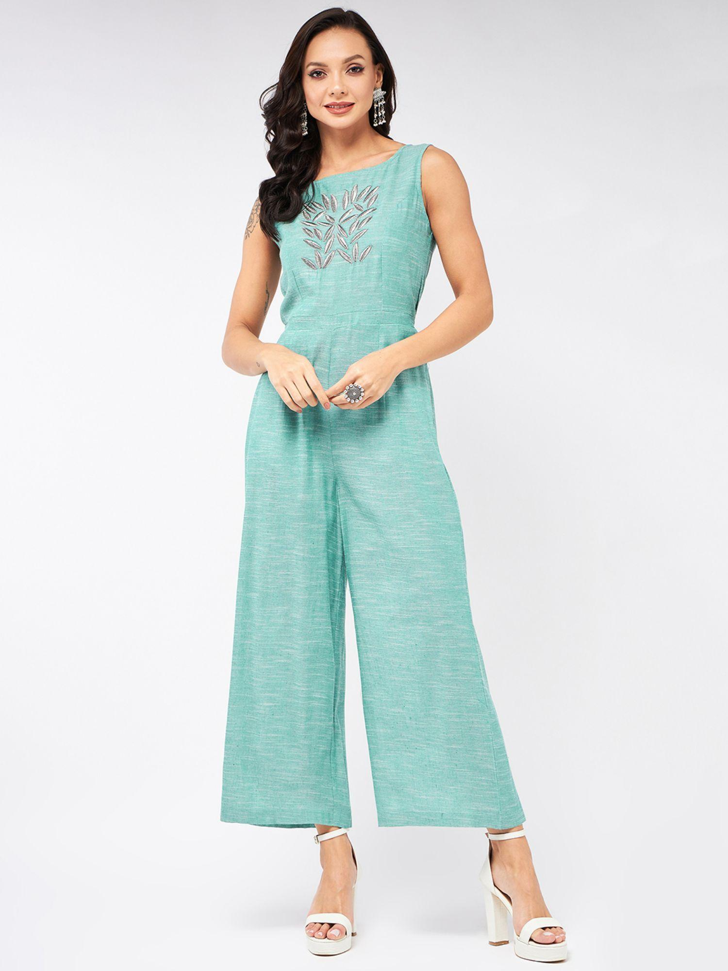 womens chambray front embroidered jumpsuit