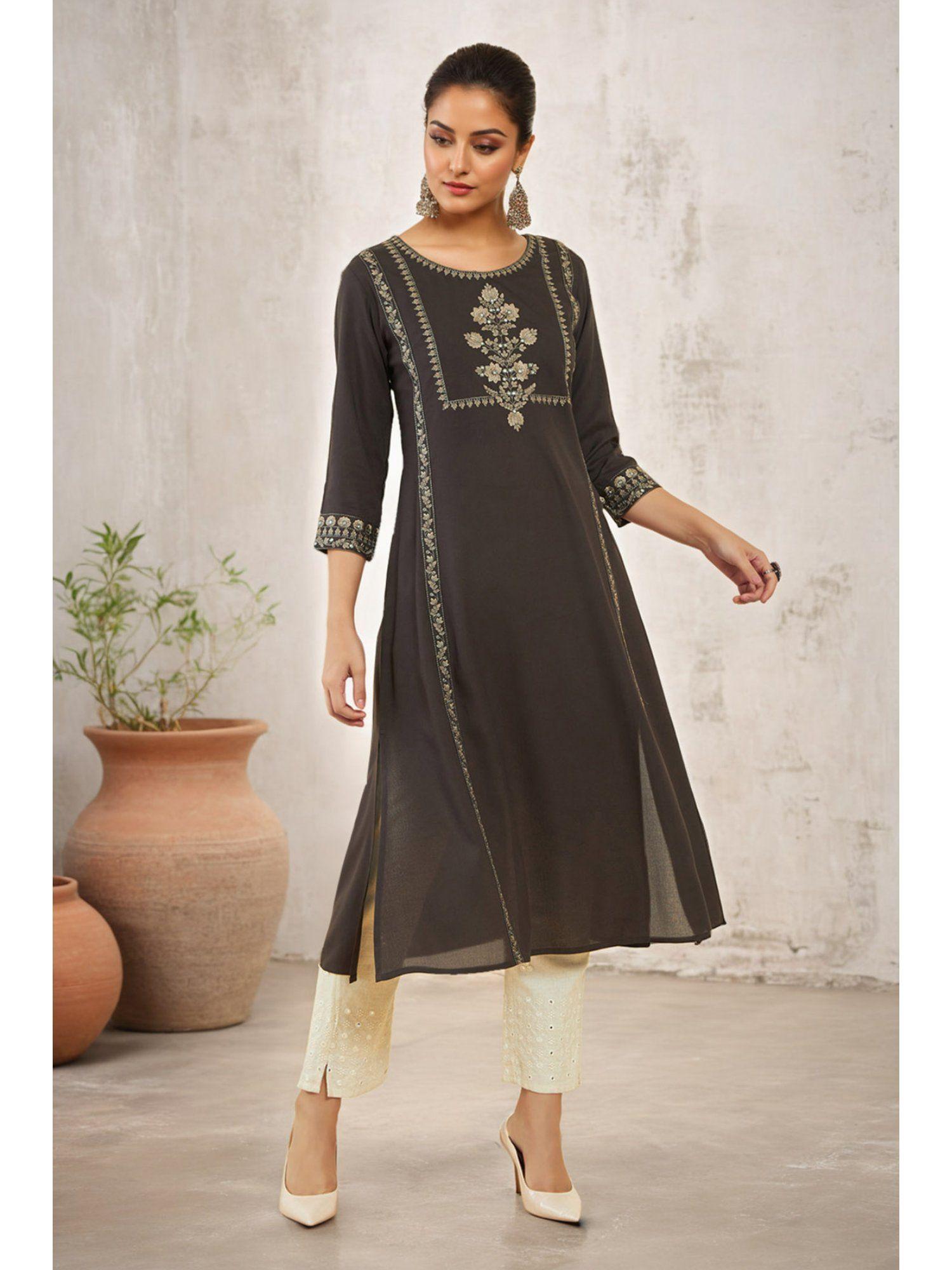 womens charcoal black rayon embroidered kurta with mirror work