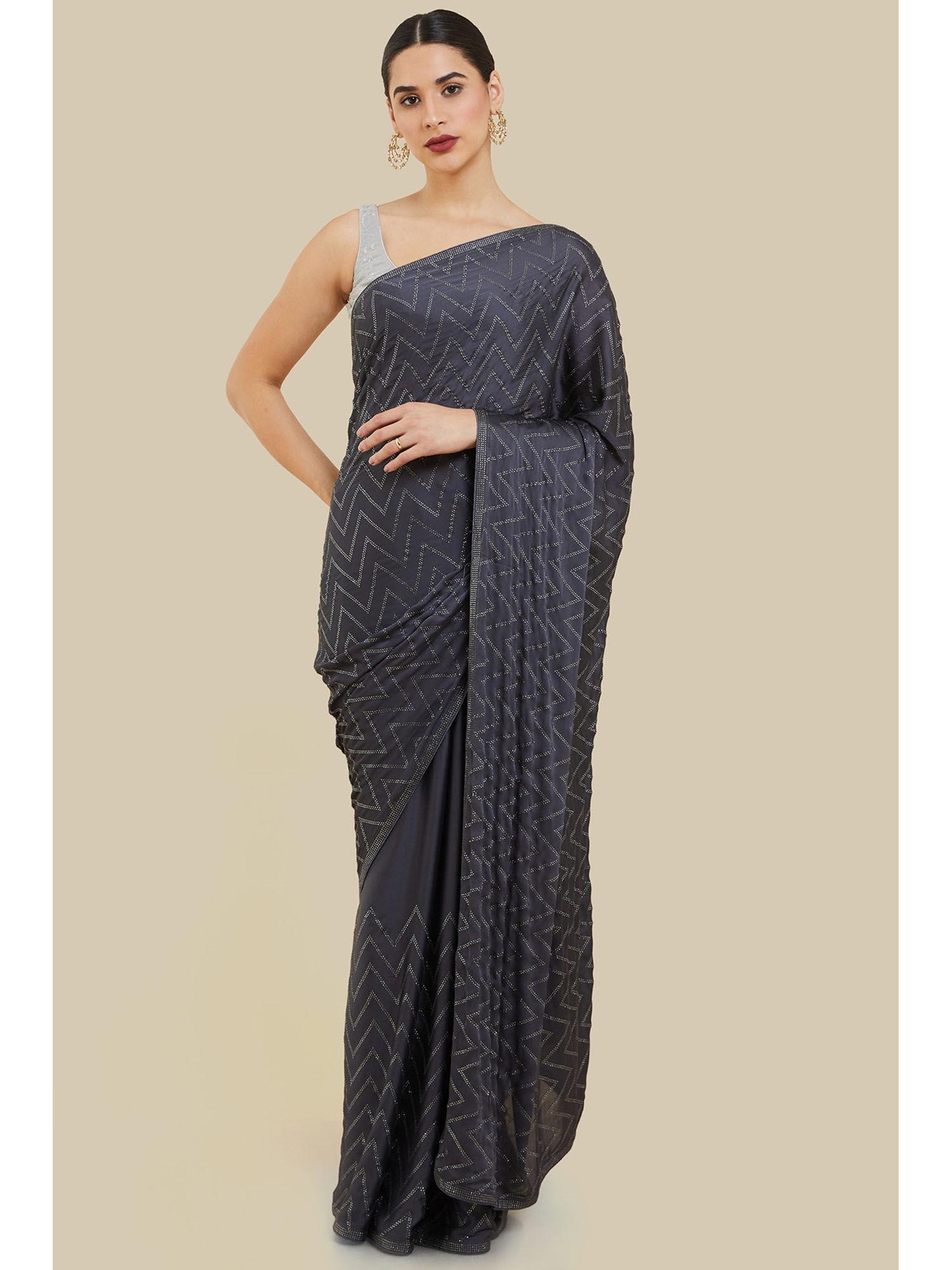 womens charcoal chevron stone embellished crepe saree and blouse with unstitched