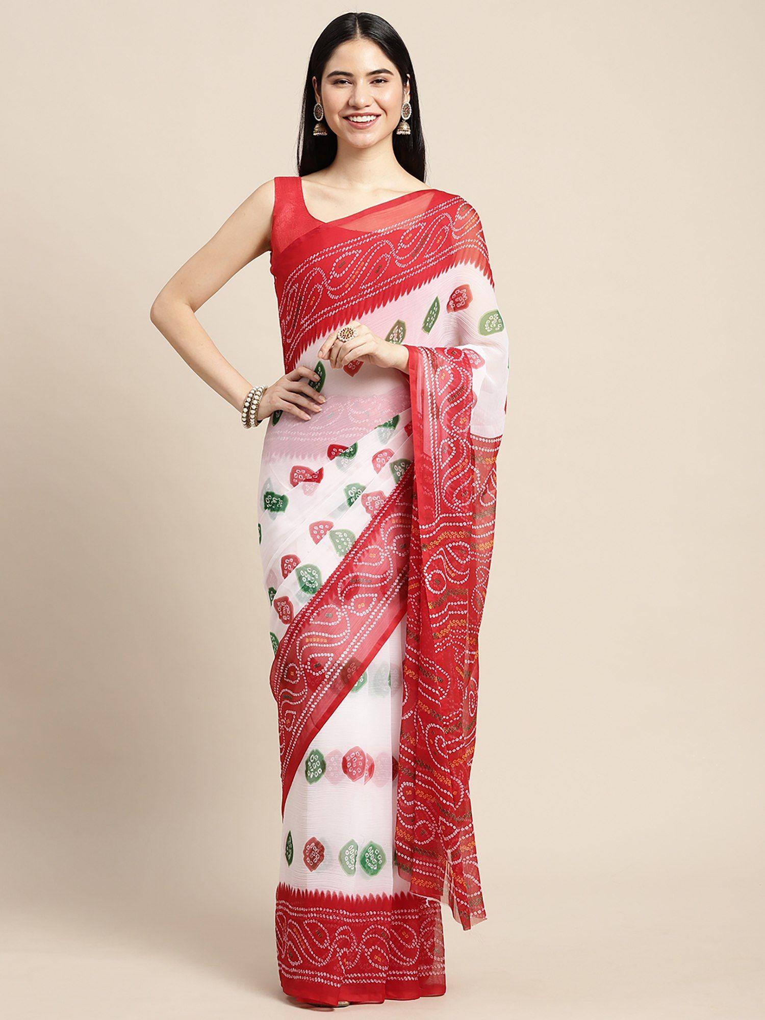 womens chiffon white printed designer saree with unstitched blouse