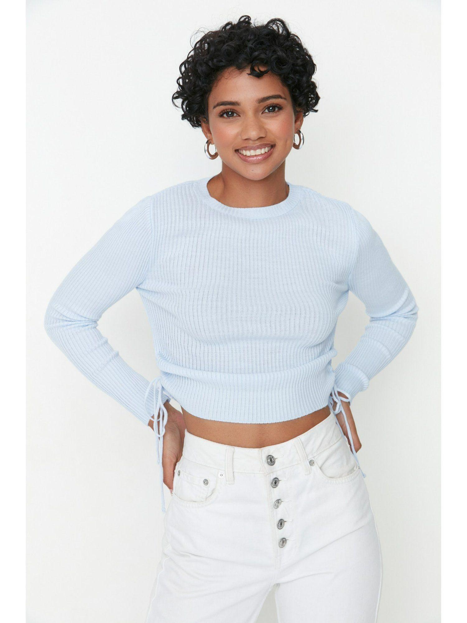 womens clear blue textured sweater