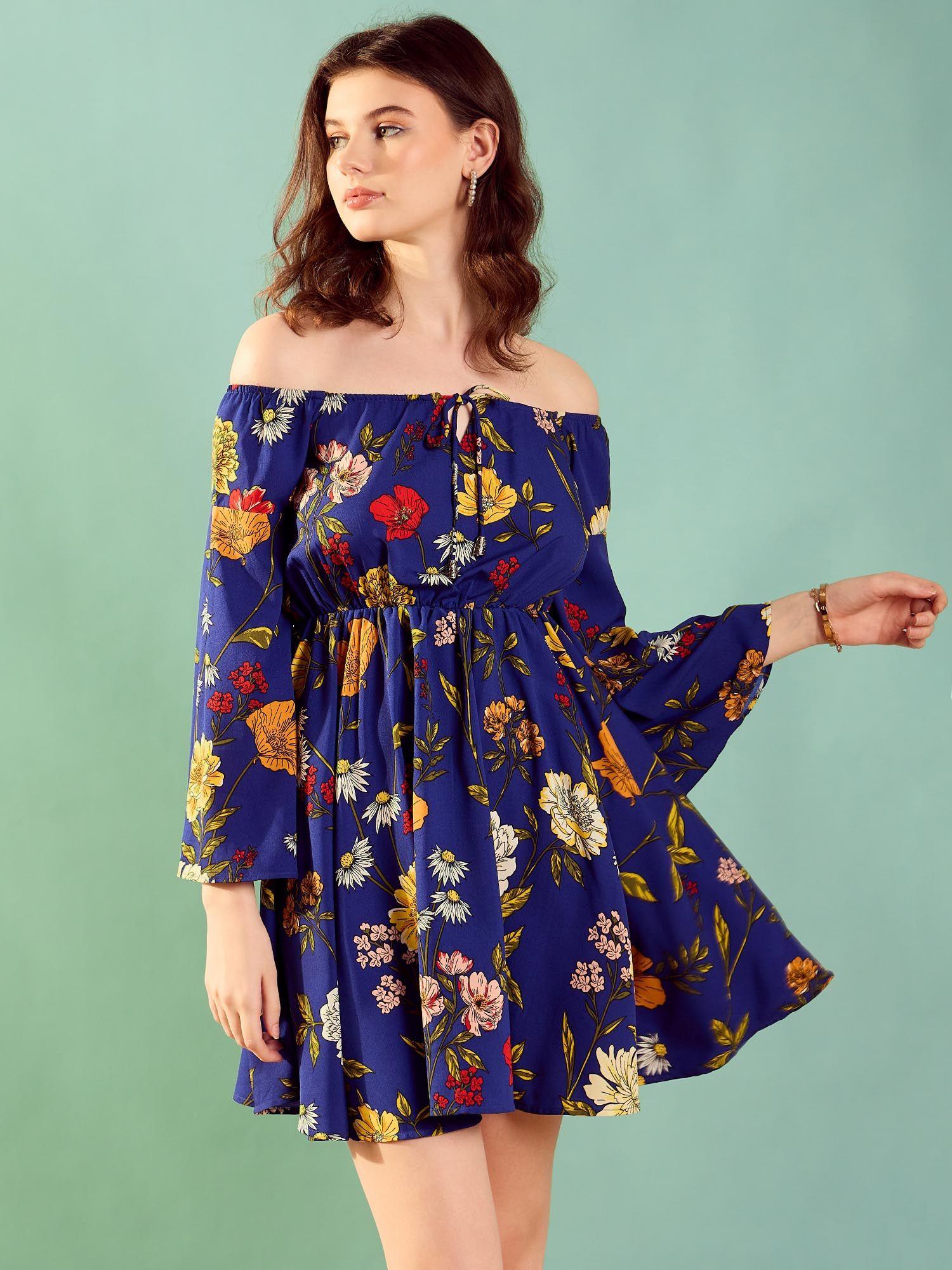 womens cobalt blue floral off-shoulder mini dress