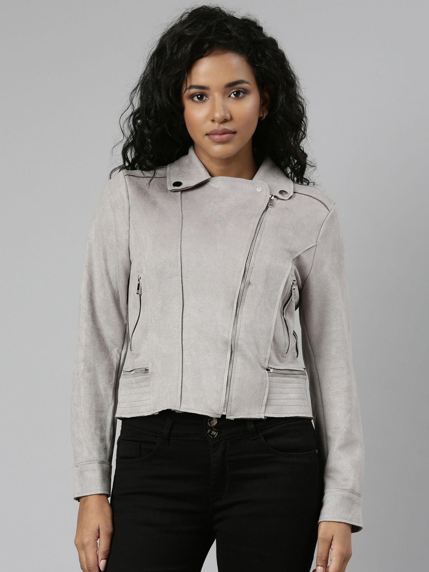 womens collar grey solid tailored jacket