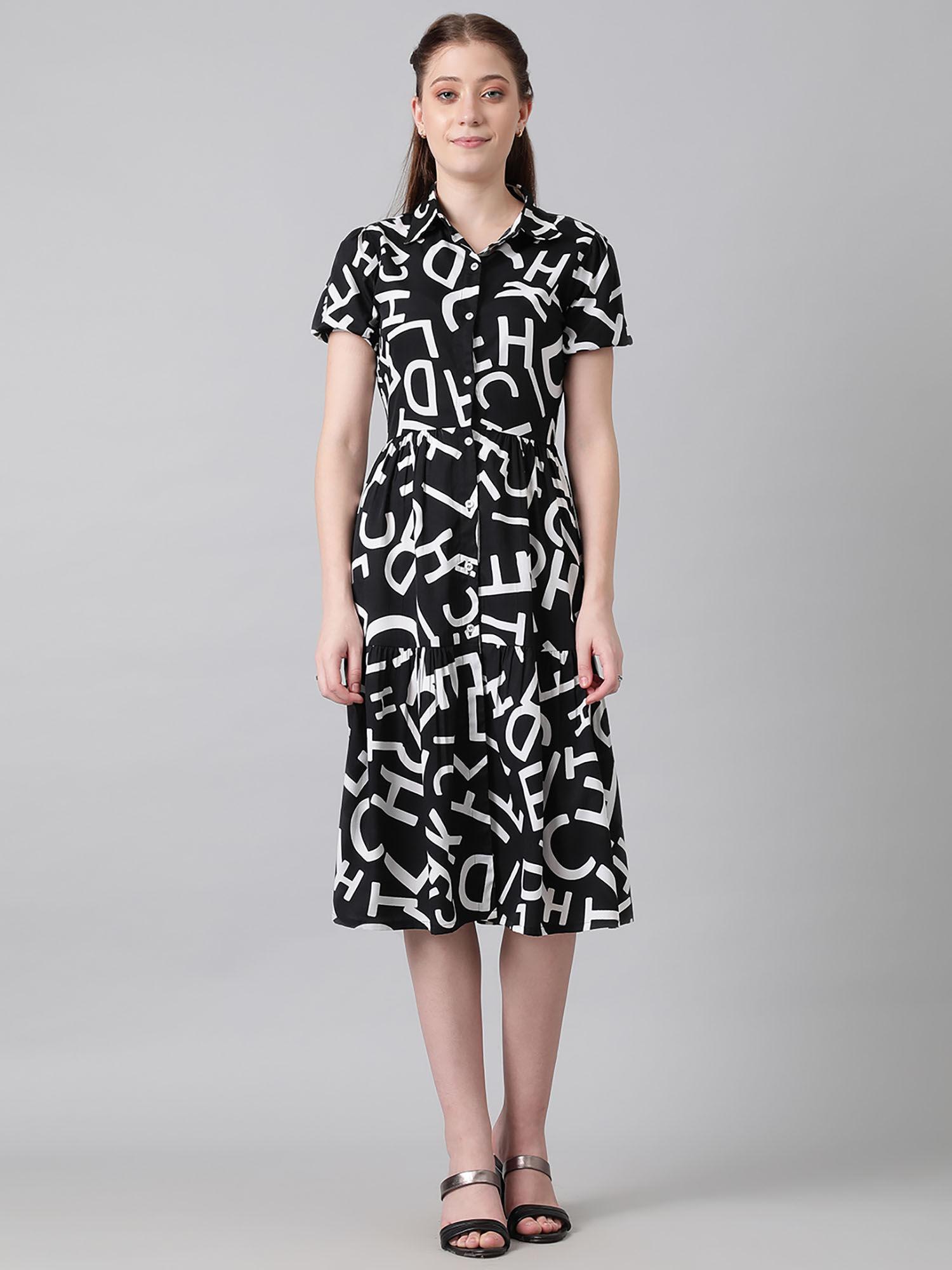 womens collared neck fit and flare printed black dress