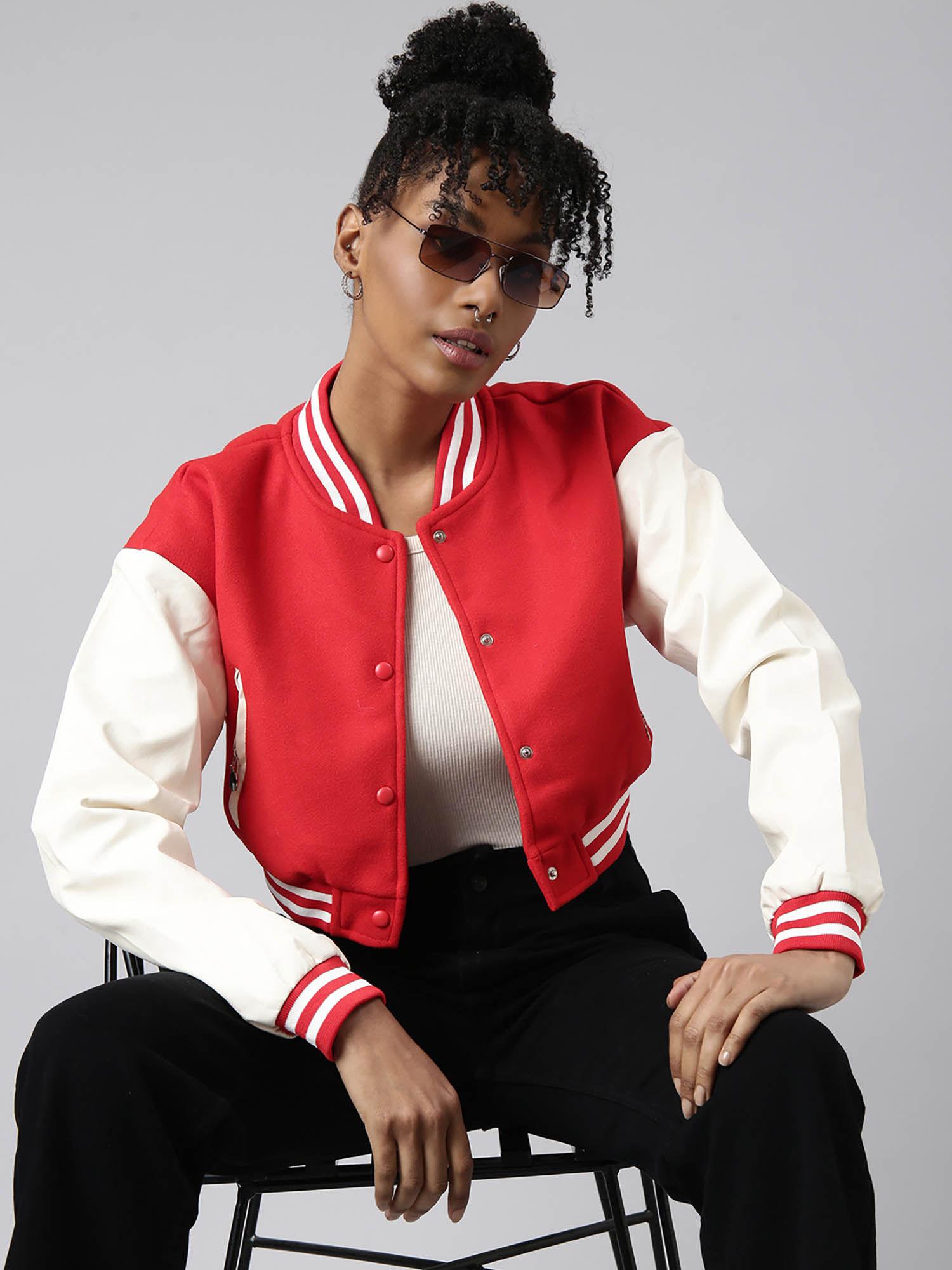 womens colorblock crop red drop shoulder oversized varsity jacket