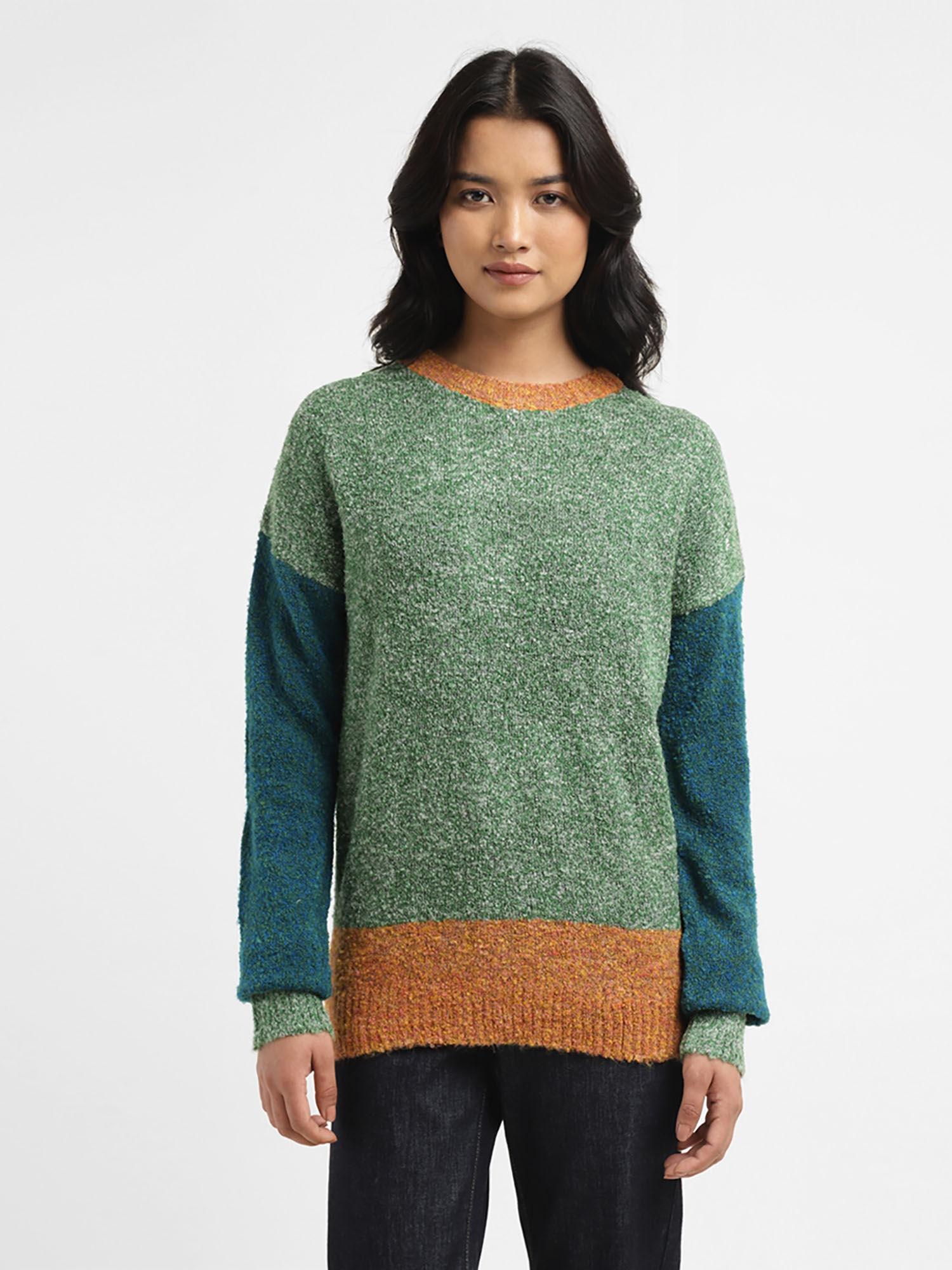 womens colorblock green crew neck sweater