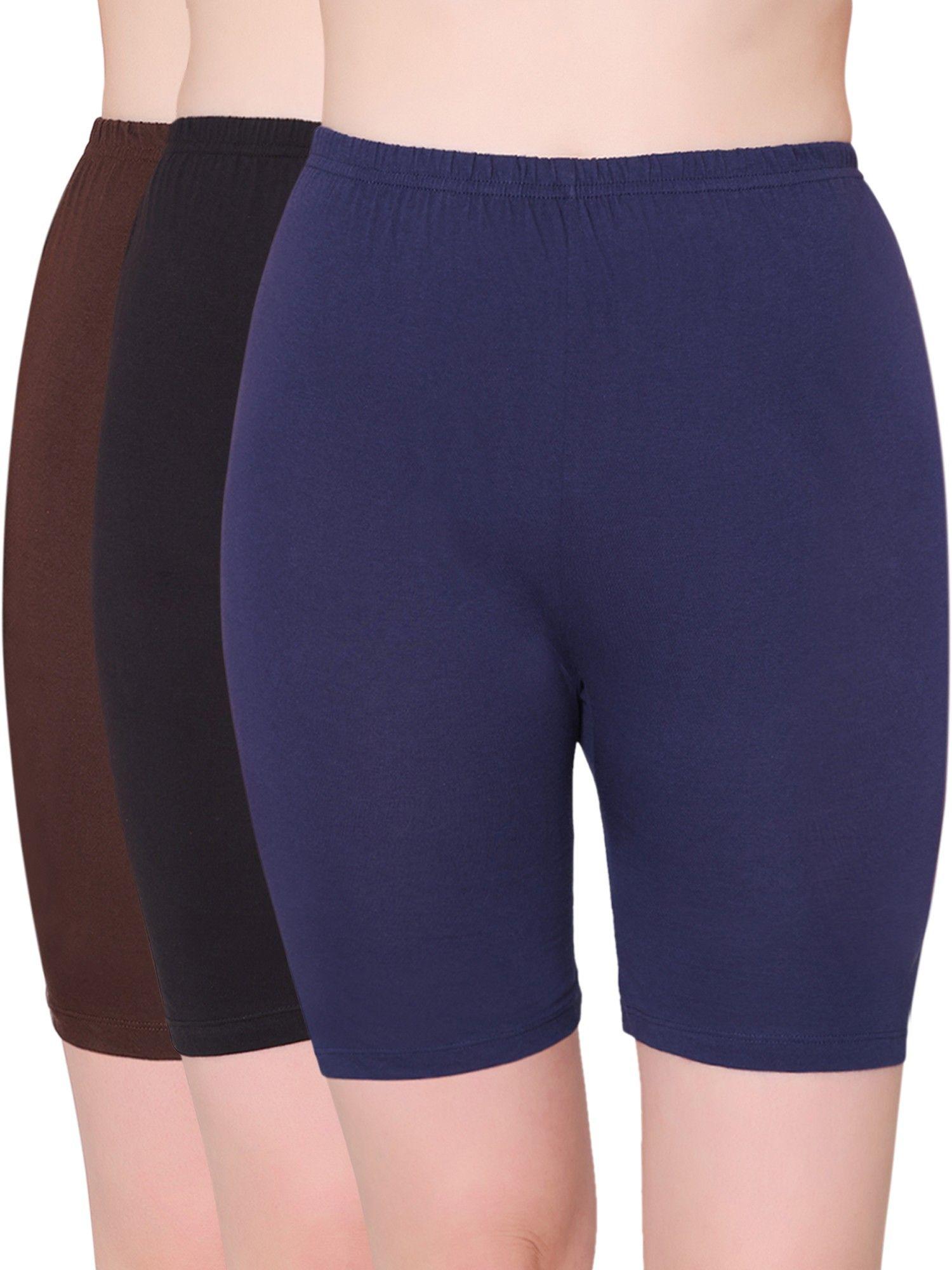 womens combed cotton black, navy, brown solid shorty - (pack of 3)
