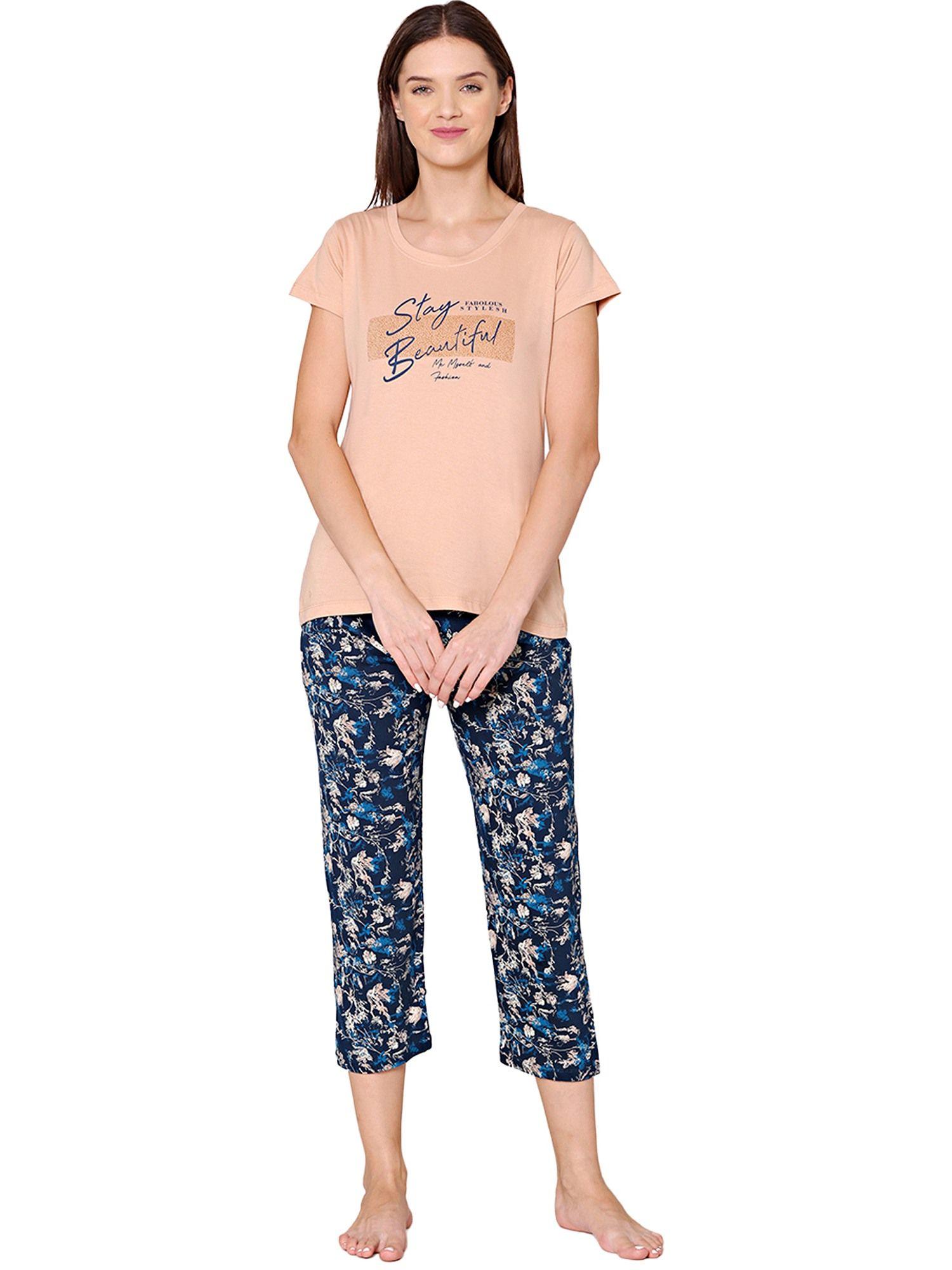 womens combed cotton printed t-shirt & capri -bscs16004 multi-color (set of 2)