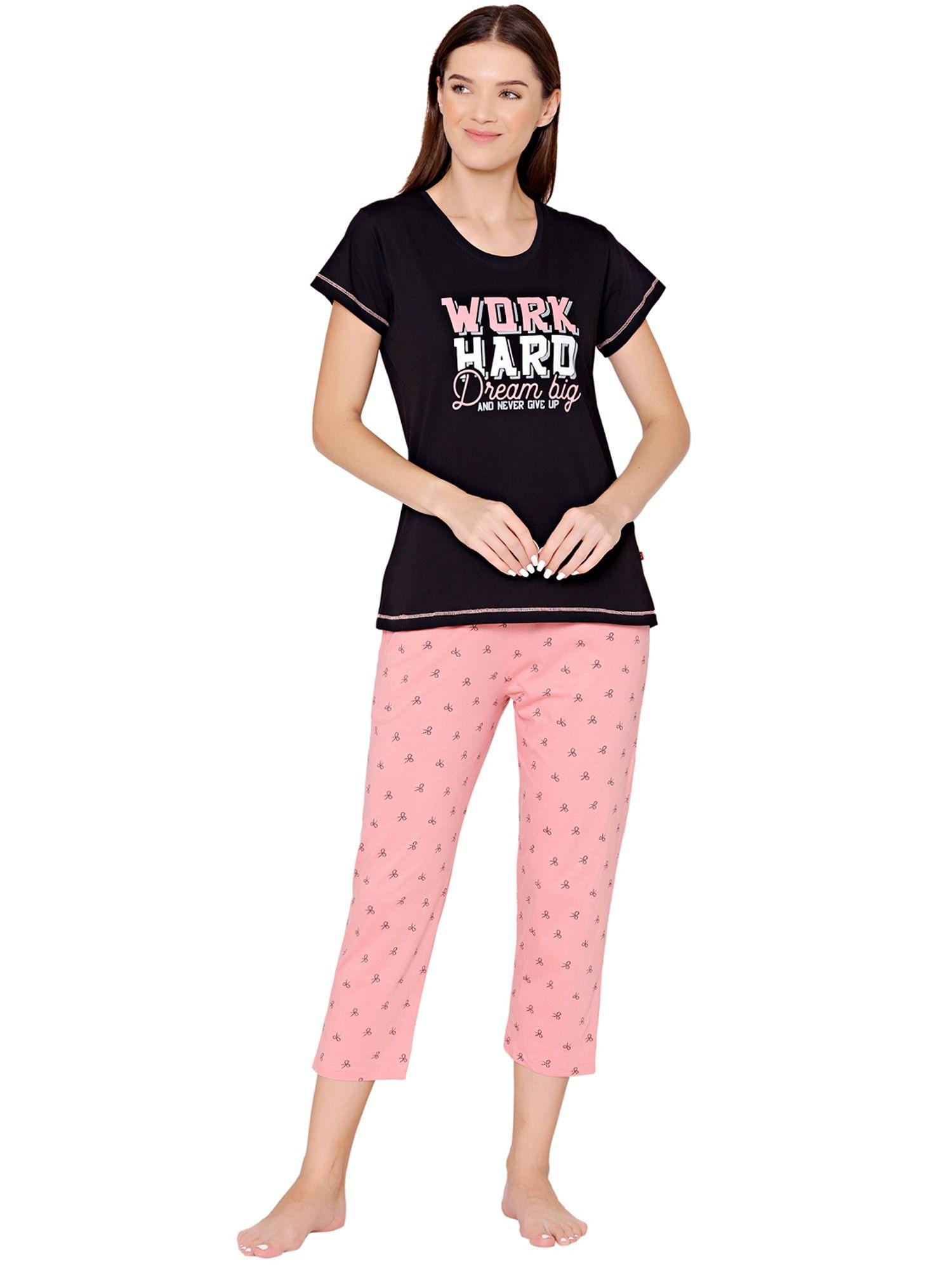 womens combed cotton printed t-shirt & capri -bscs16006 black (set of 2)