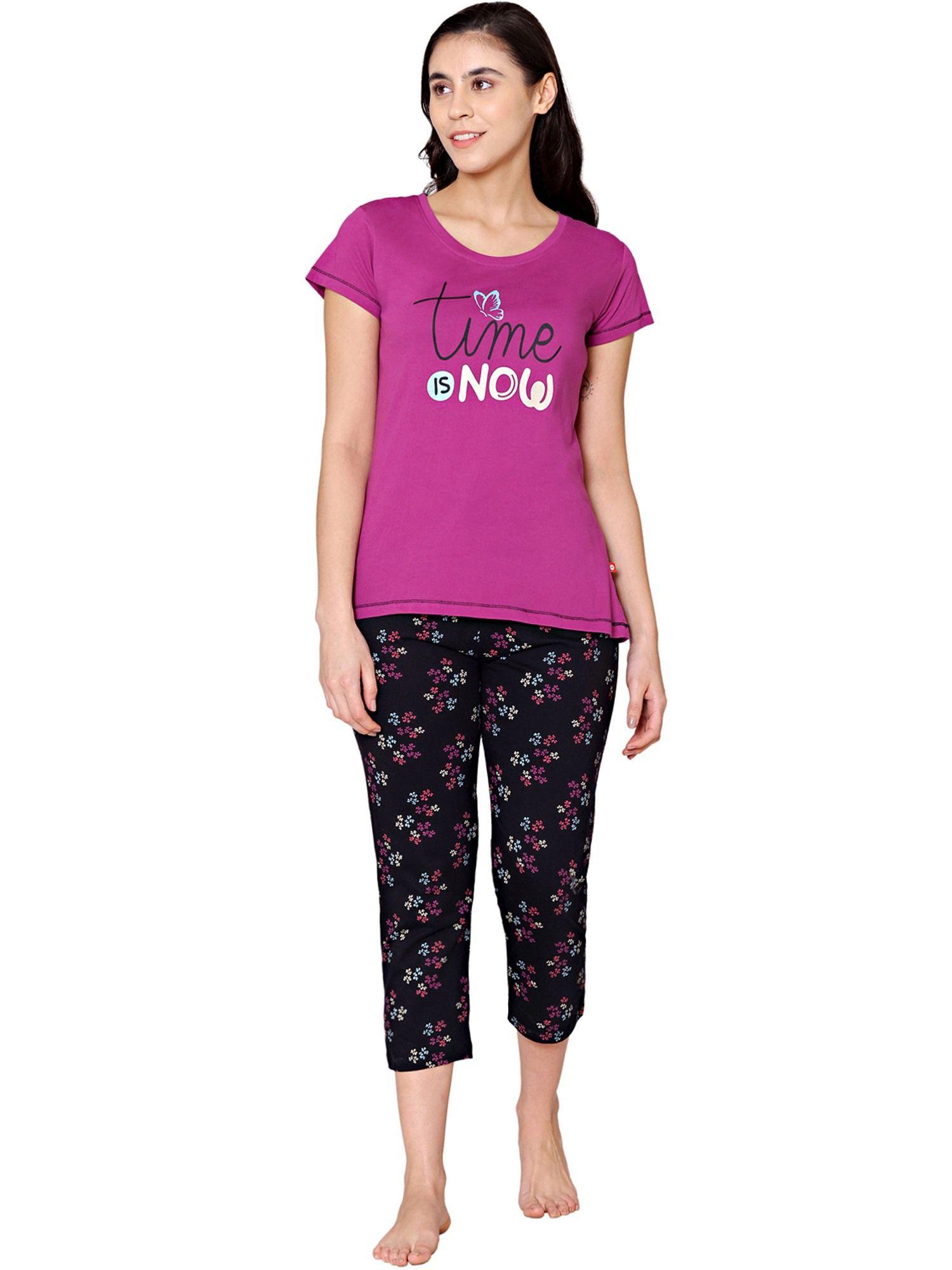 womens combed cotton printed t-shirt & capri -bscs16010 purple (set of 2)