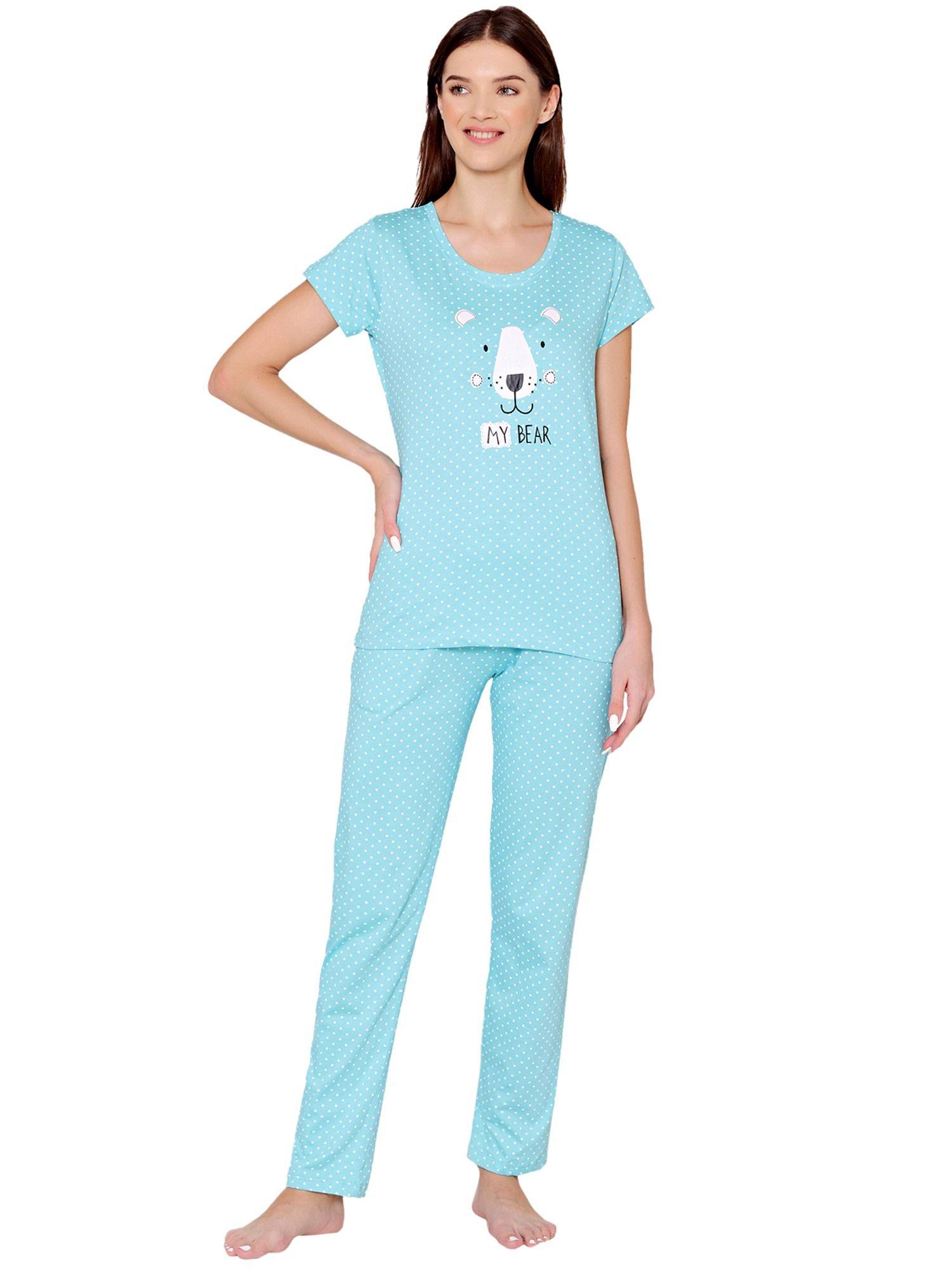 womens combed cotton printed t-shirt & pyjama -bsls12001 blue (set of 2)