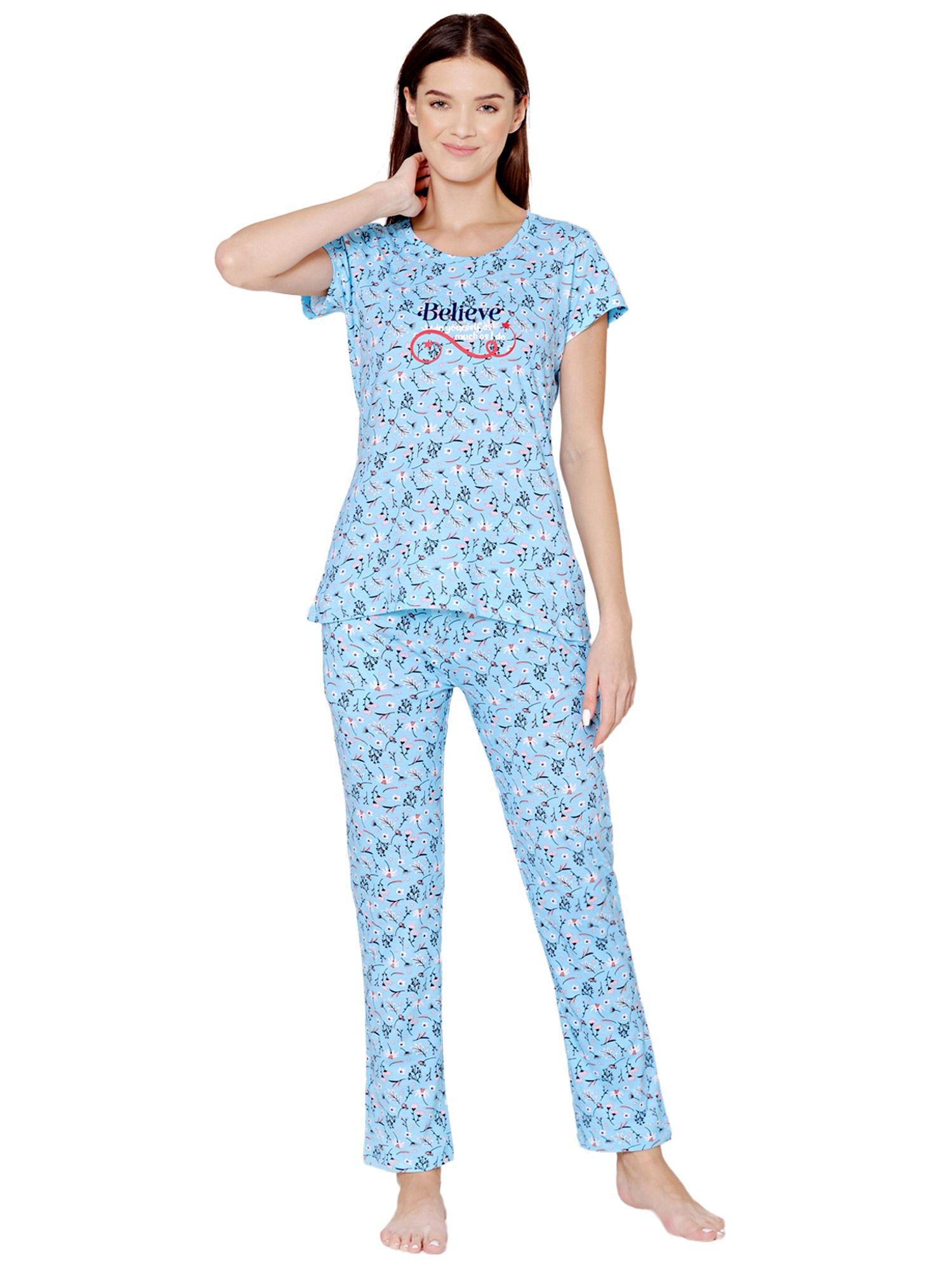 womens combed cotton printed t-shirt & pyjama -bsls12005 blue (set of 2)