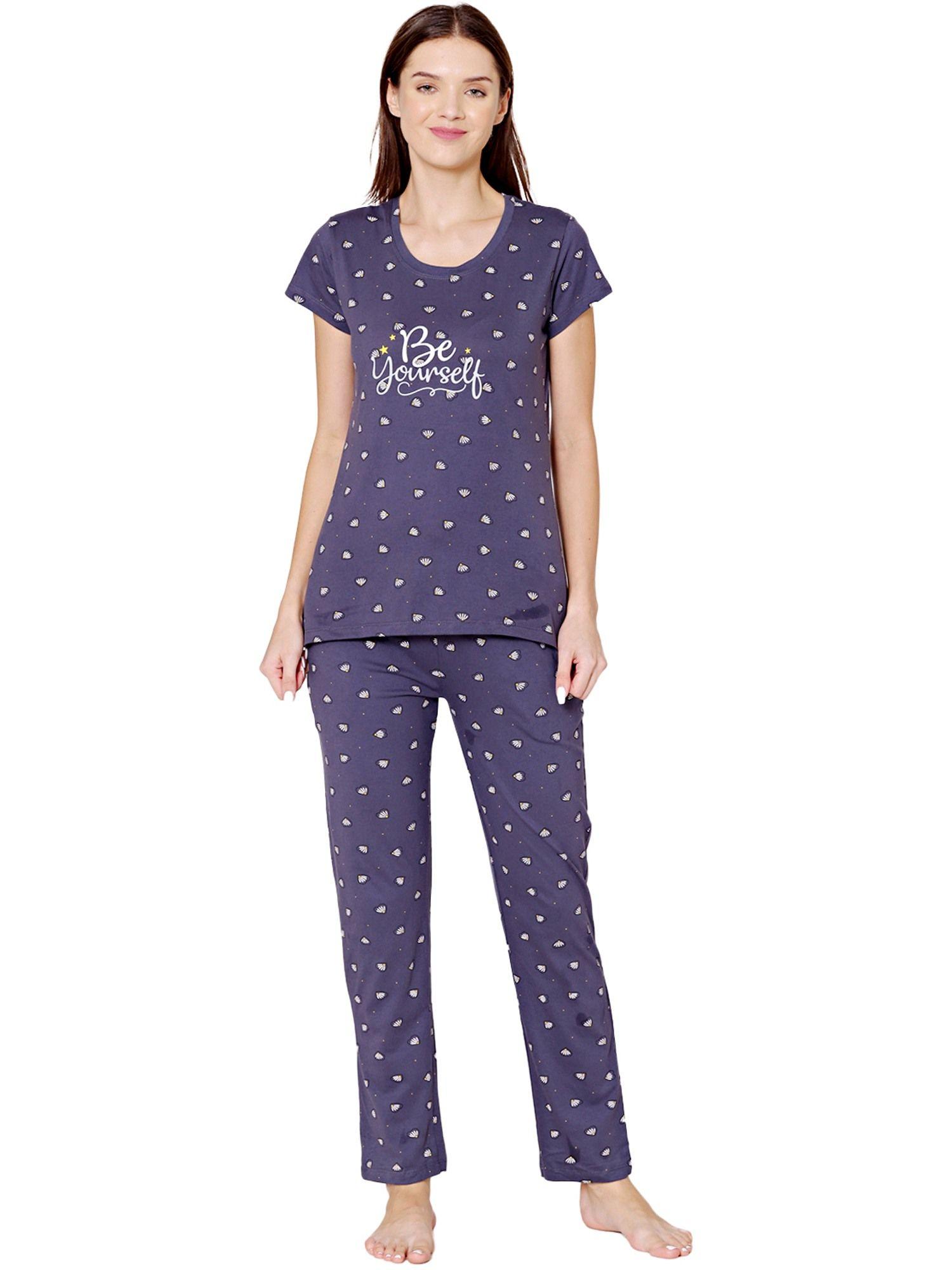 womens combed cotton printed t-shirt & pyjama -bsls12007 grey (set of 2)