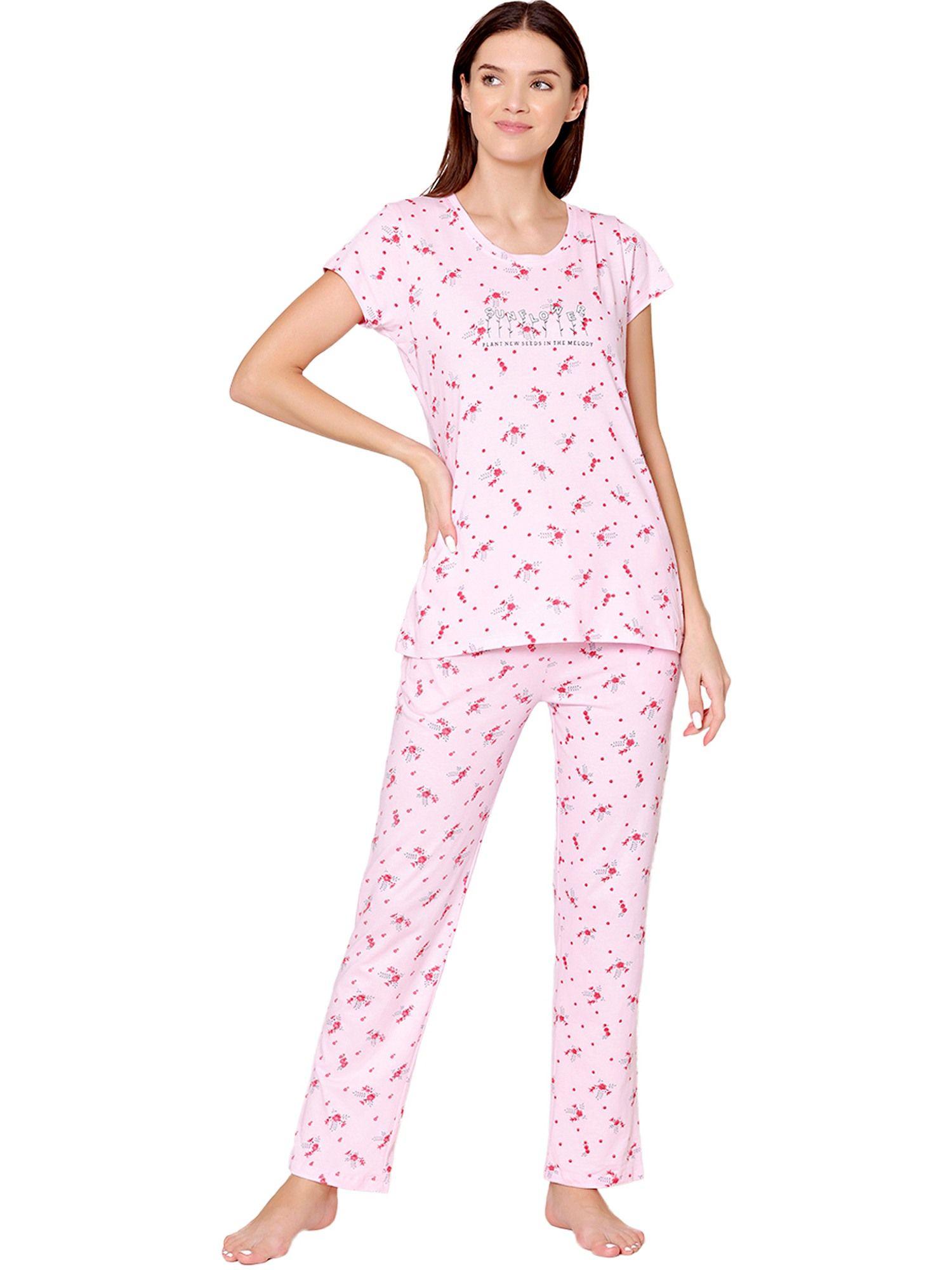 womens combed cotton printed t-shirt & pyjama -bsls12009 pink (set of 2)