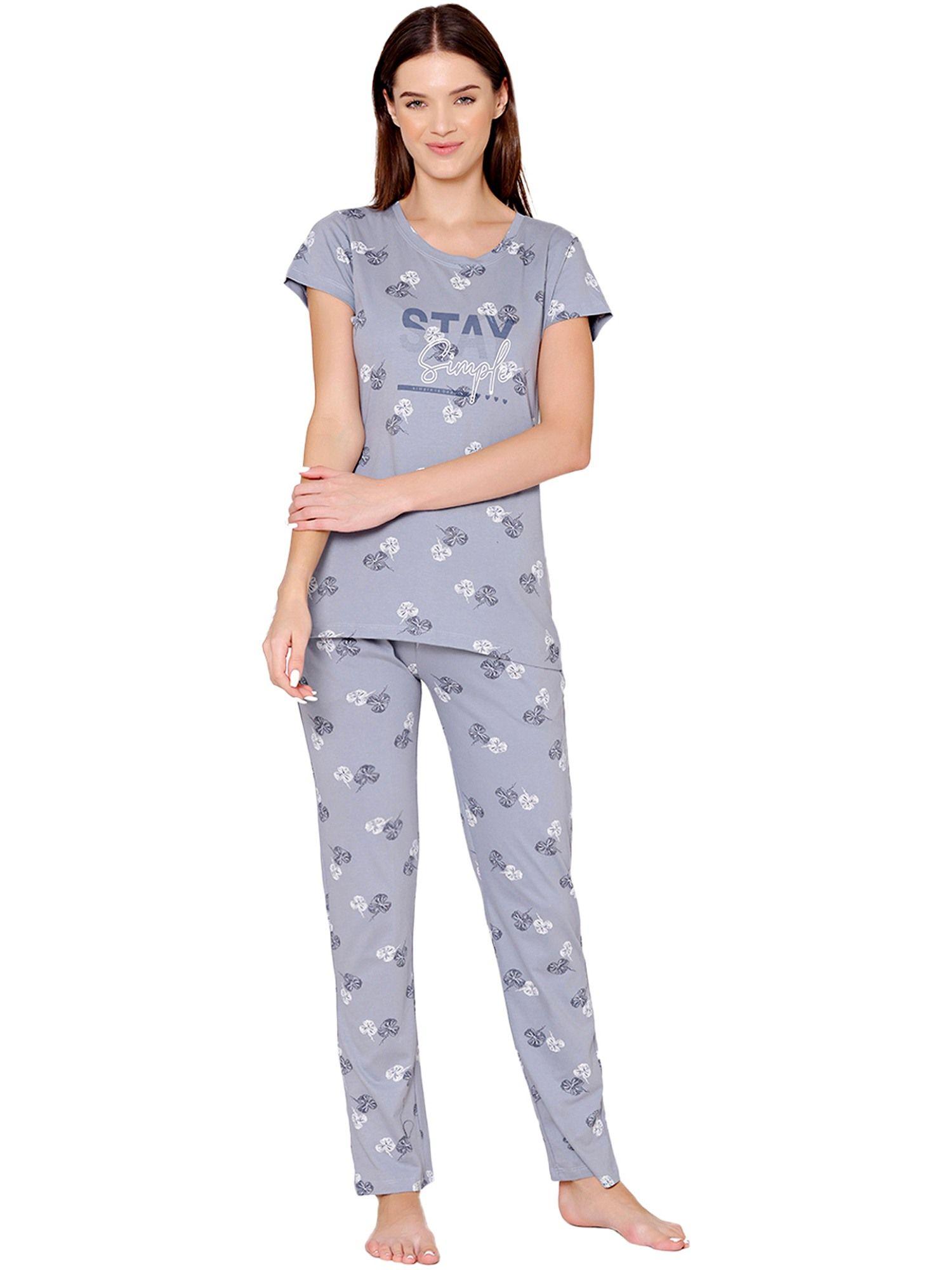 womens combed cotton printed t-shirt & pyjama -bsls12011 grey (set of 2)