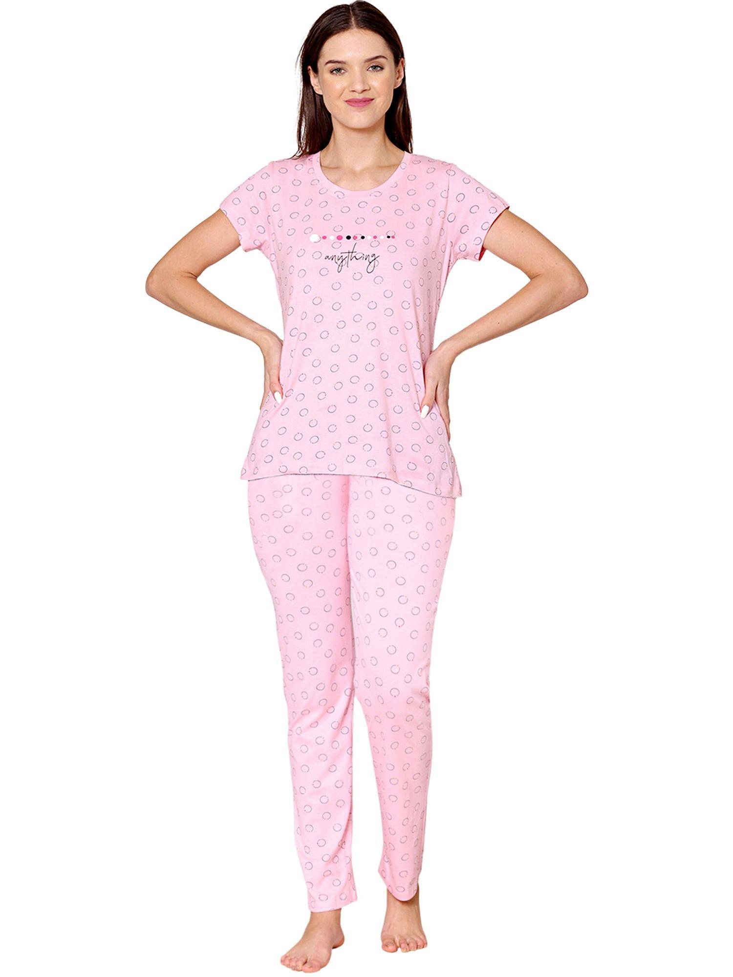 womens combed cotton printed t-shirt & pyjama -bsls12013 pink (set of 2)