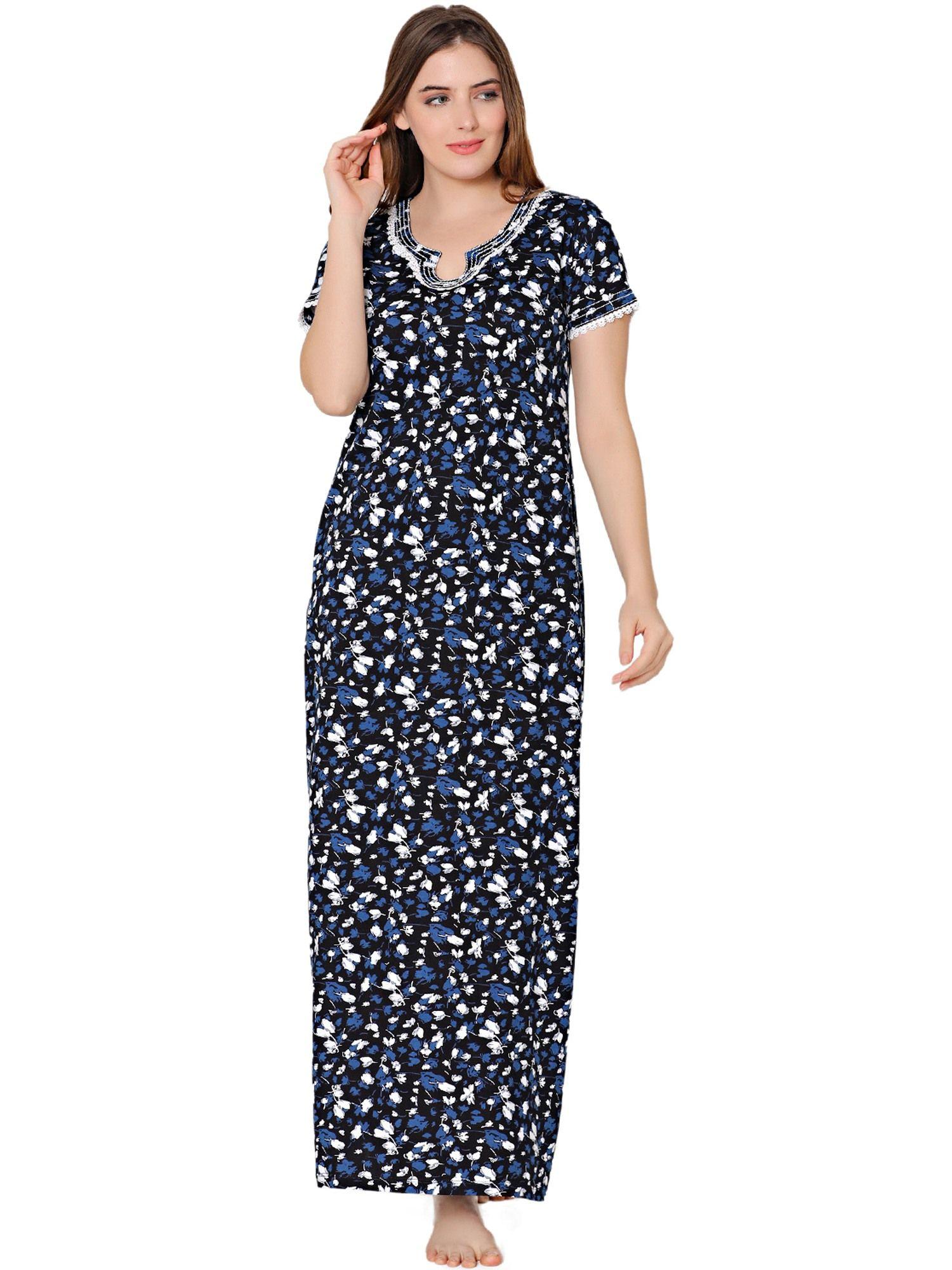 womens combed cotton round neck printed long night dress -bsn10006 navy blue