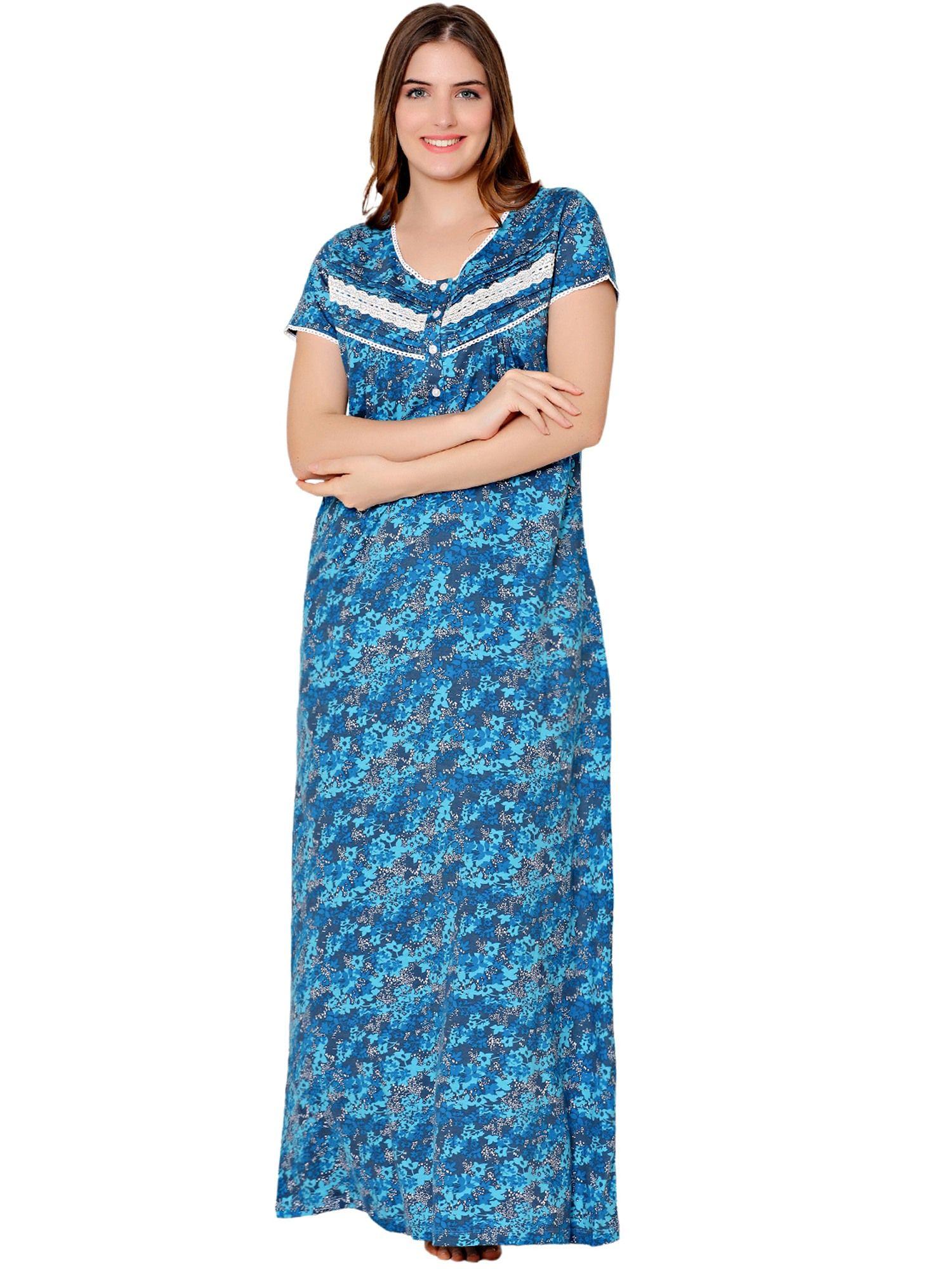 womens combed cotton round neck printed long night dress -bsn10007 blue