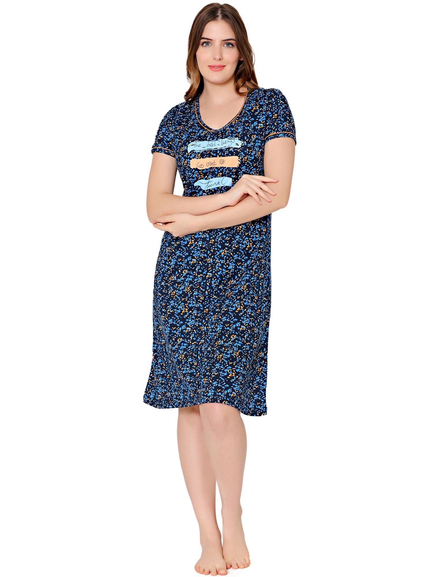 womens combed cotton round neck printed short night dress -bsn9009 teal