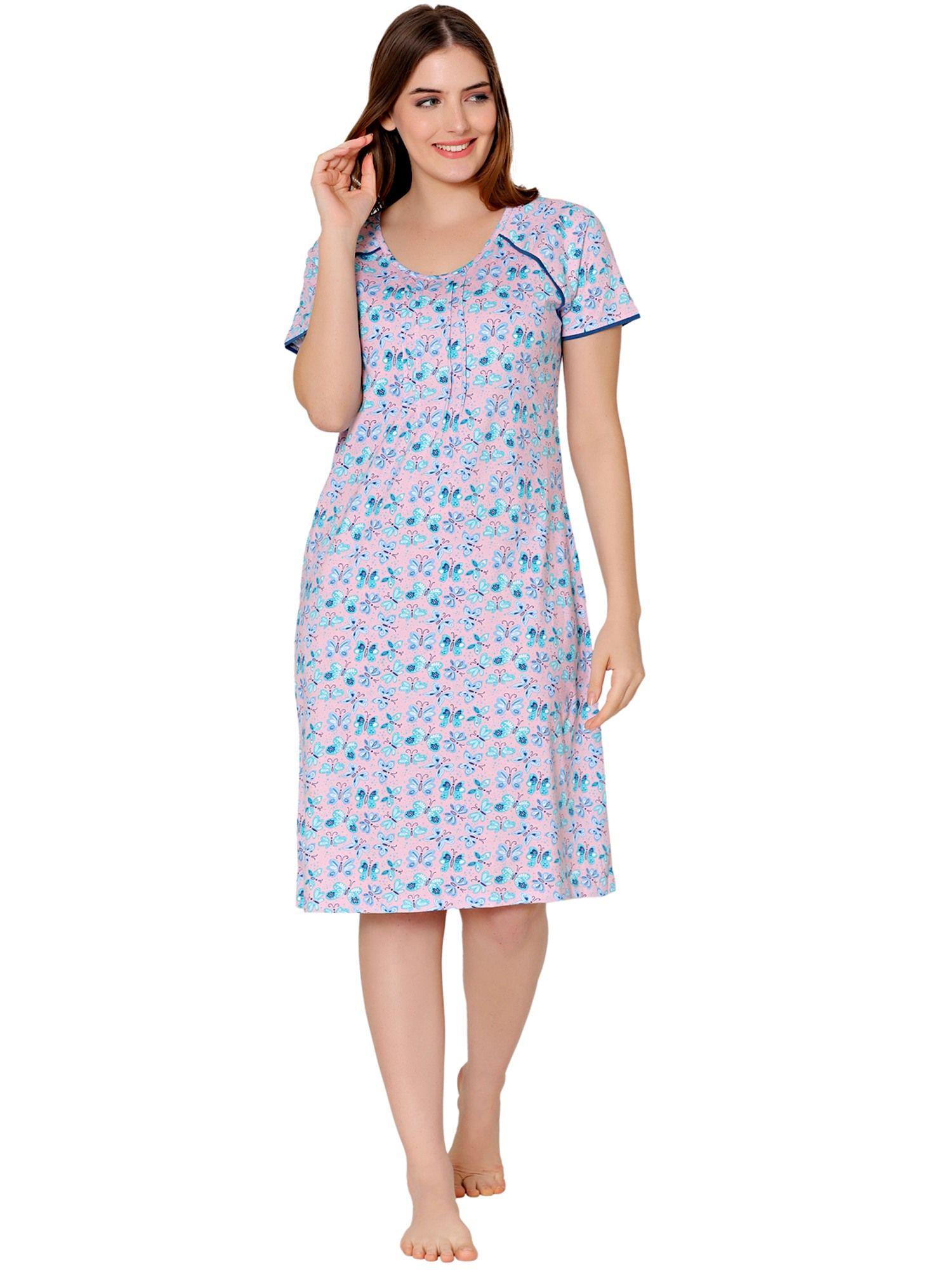 womens combed cotton round neck printed short night dress -bsn9011 pink