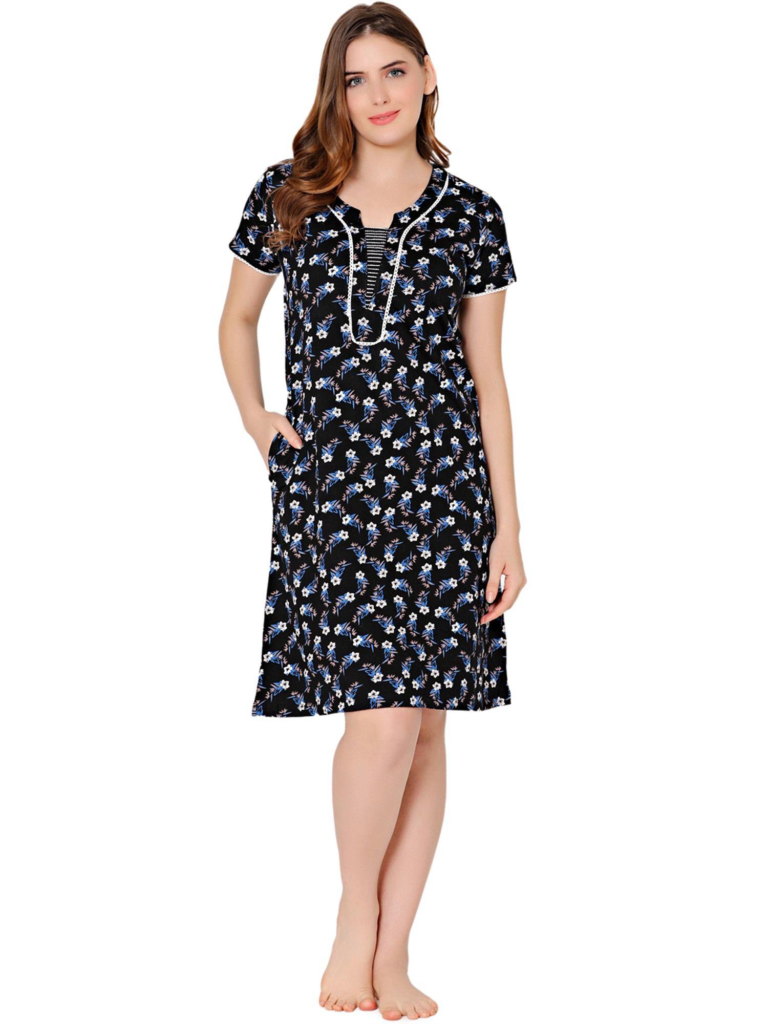 womens combed cotton round neck printed short night dress -bsn9012 black