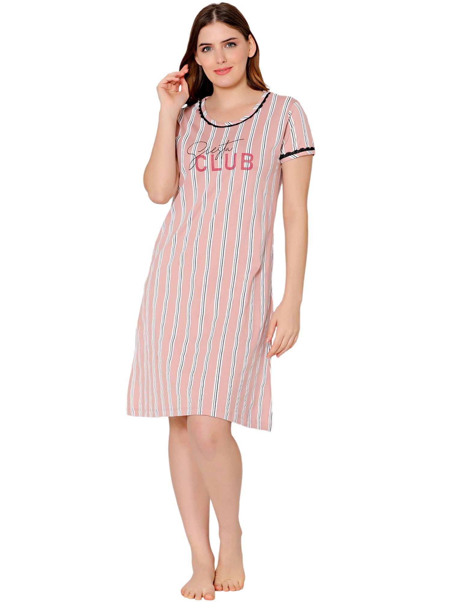 womens combed cotton round neck striped short night dress -bsn9013 pink