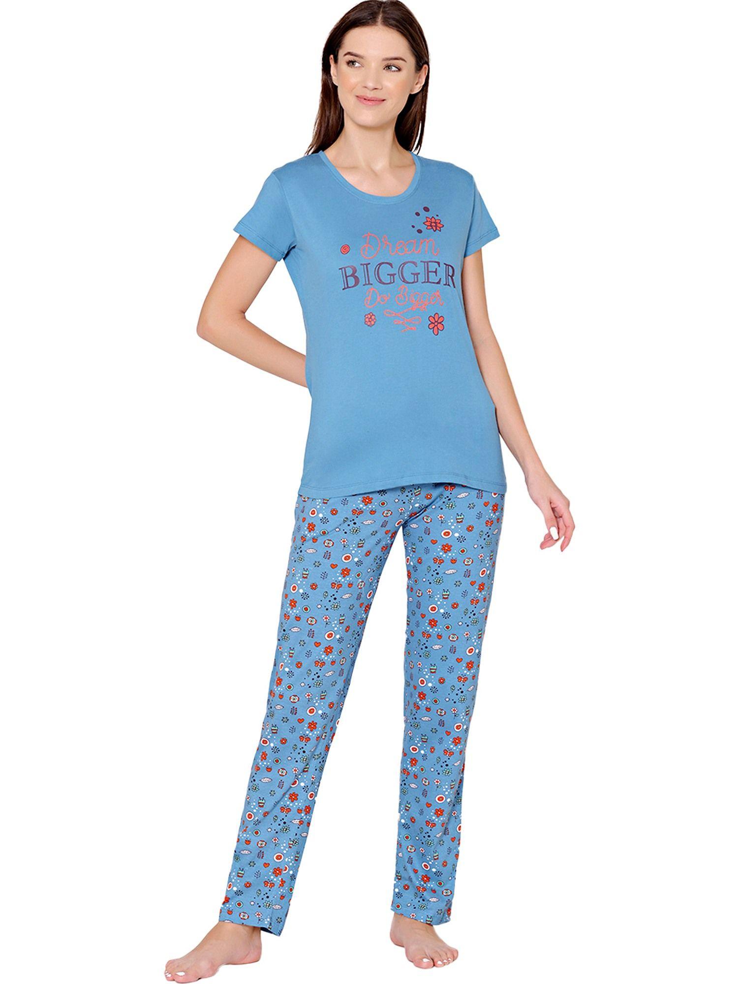 womens combed cotton t-shirt & pyjama bsls11002 blue (set of 2)