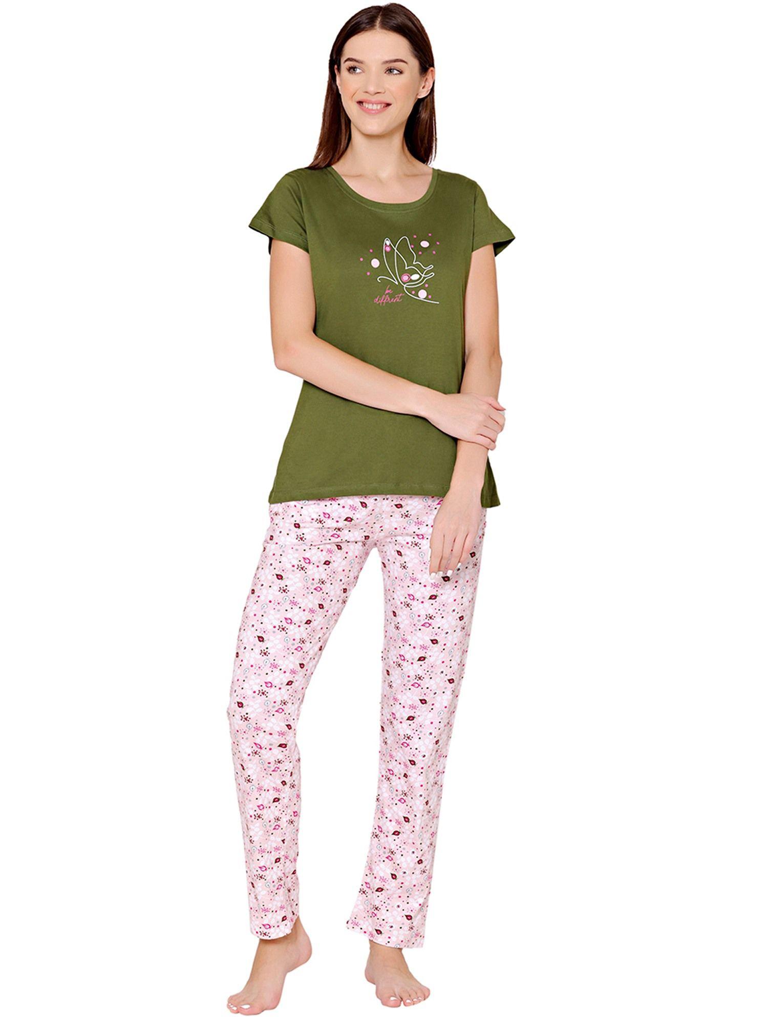 womens combed cotton t-shirt & pyjama bsls11003 green (set of 2)