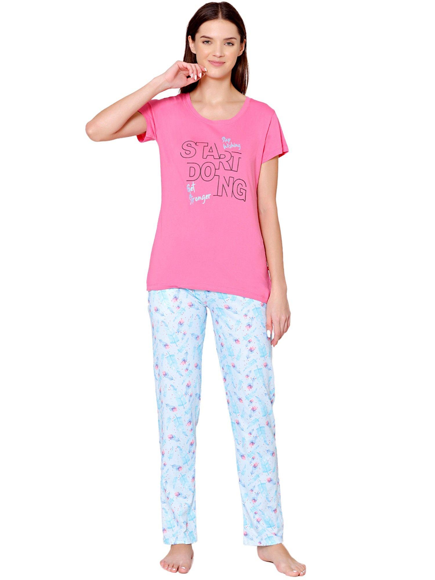 womens combed cotton t-shirt & pyjama bsls11004 pink (set of 2)