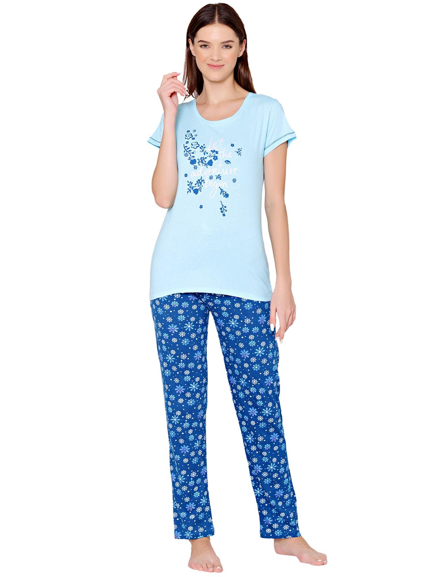 womens combed cotton t-shirt & pyjama bsls11005 blue (set of 2)