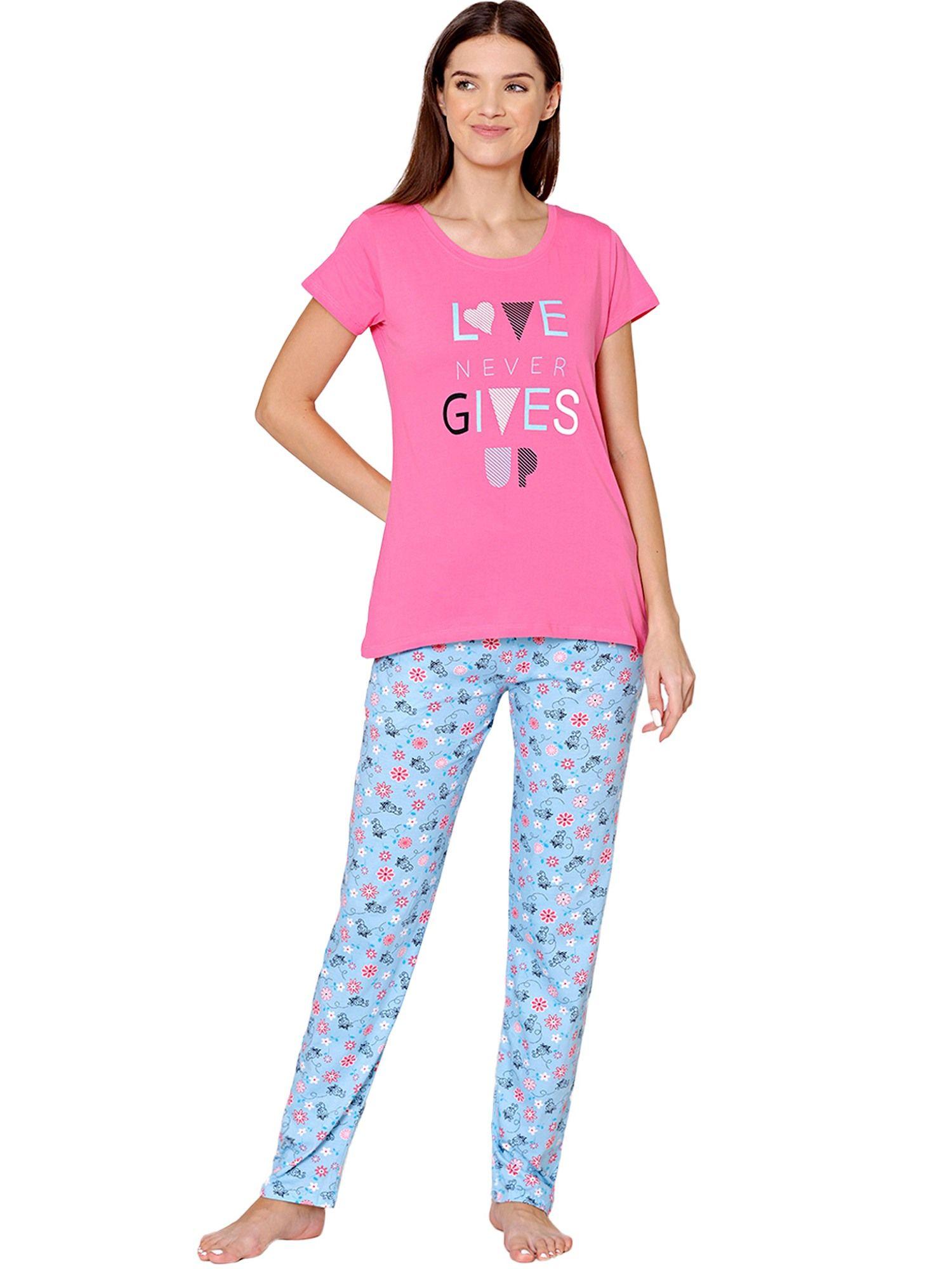 womens combed cotton t-shirt & pyjama bsls11006 pink (set of 2)